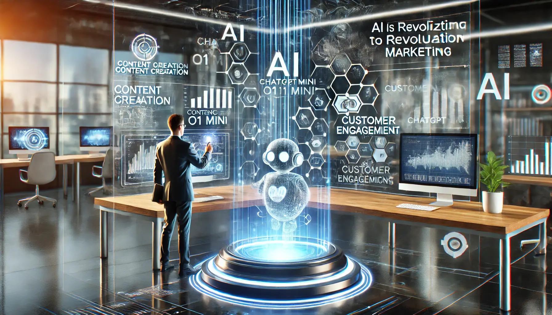 A futuristic digital marketing workspace where AI, including ChatGPT o1 Mini, is used to optimize content creation, customer engagement, and data analytics. A marketer interacts with a sleek interface visualizing AI-driven marketing solutions.