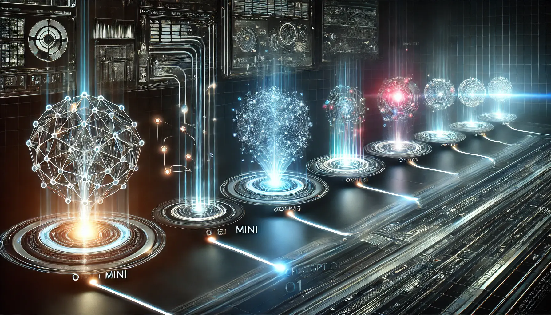 A futuristic timeline visualization showcasing the release and evolution of ChatGPT o1 Mini versions, with glowing nodes and digital effects.