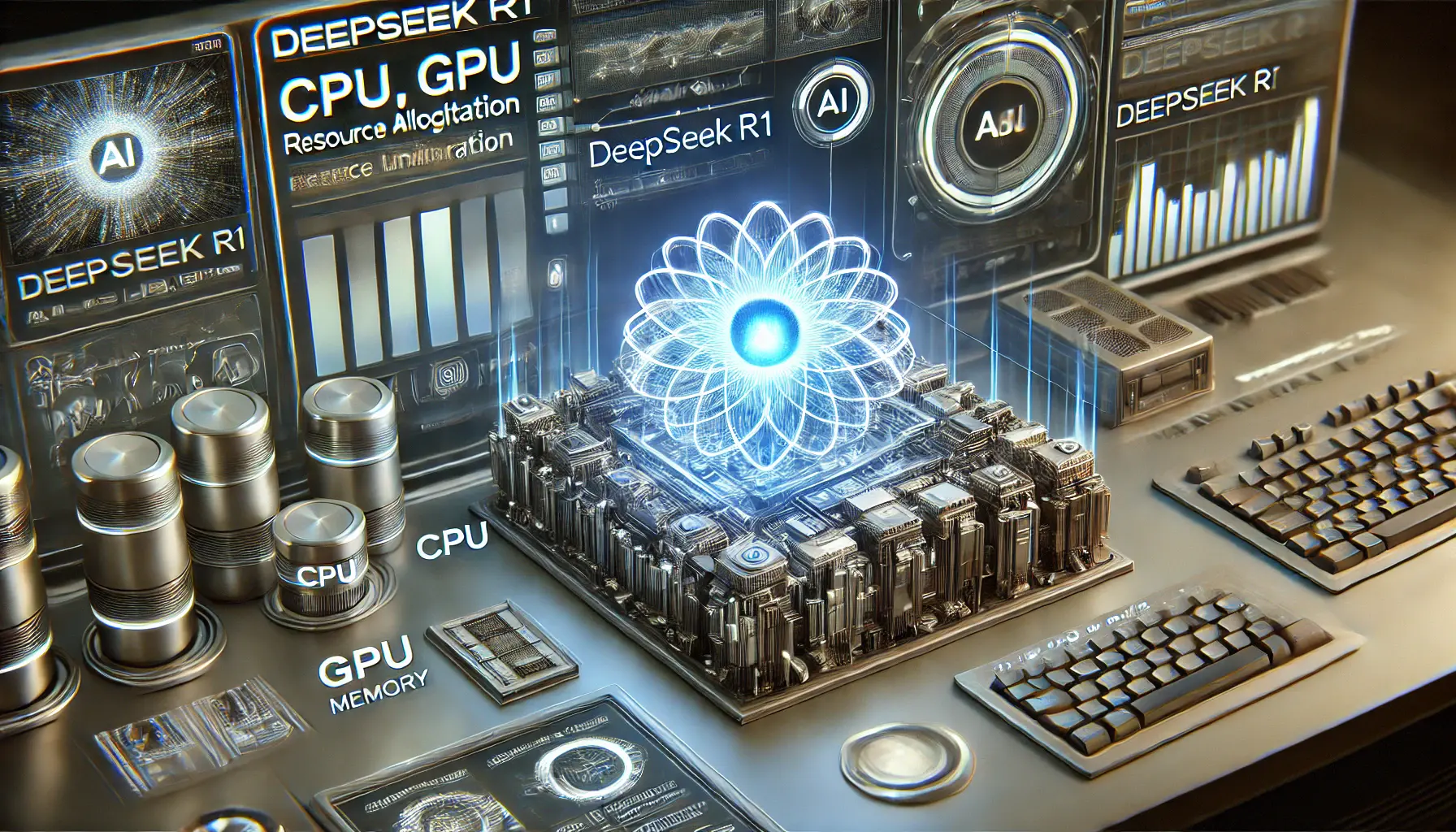 A futuristic AI system management interface displaying holographic screens with real-time CPU, GPU, and memory utilization, performance graphs, and system diagnostics. A glowing AI core represents DeepSeek R1, surrounded by interconnected data streams.