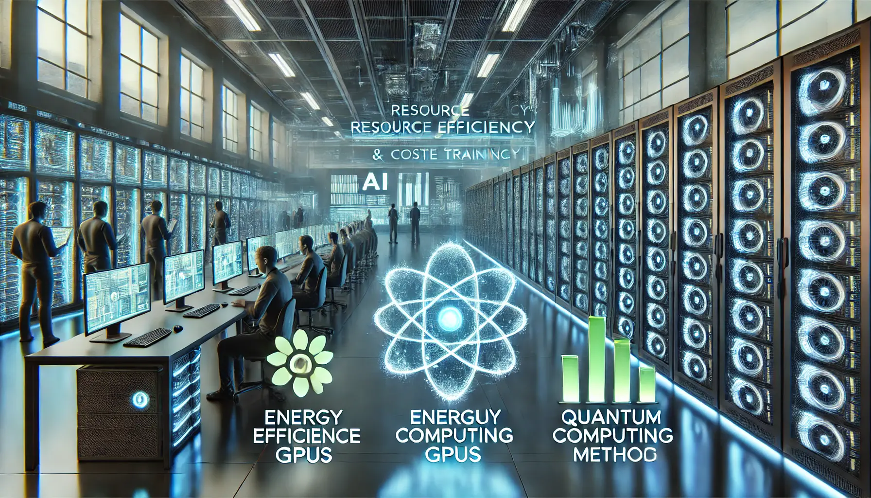 A futuristic AI development facility showing energy-efficient GPUs and quantum computing hardware for AI model training.