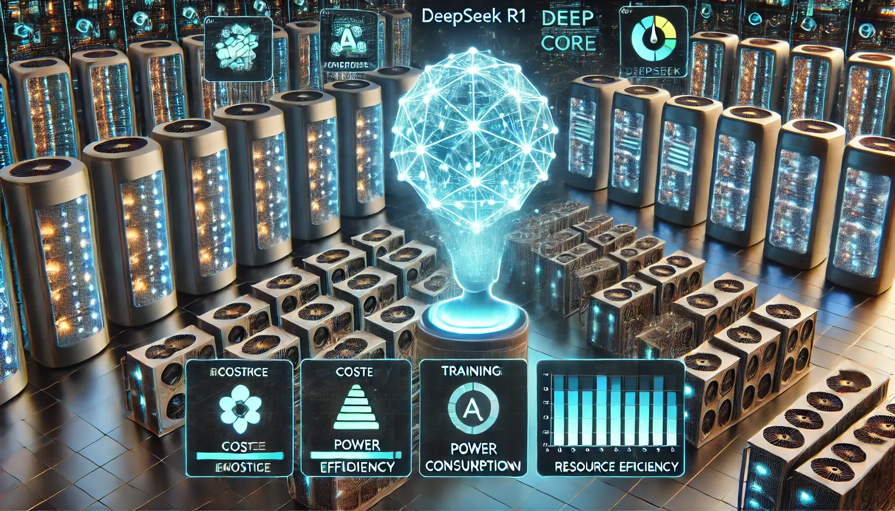 A futuristic AI data center with energy-efficient GPU clusters processing AI models, displaying cost analysis, power consumption metrics, and computational efficiency.