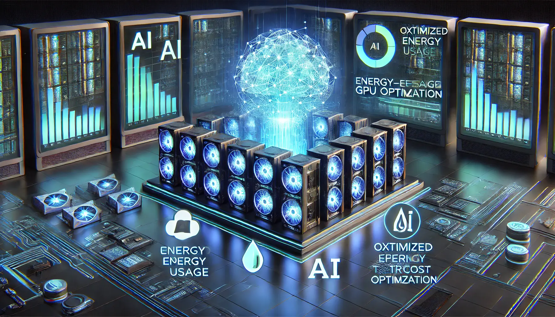 A futuristic AI data center with glowing GPU clusters optimizing power usage and computational costs through holographic analytics.