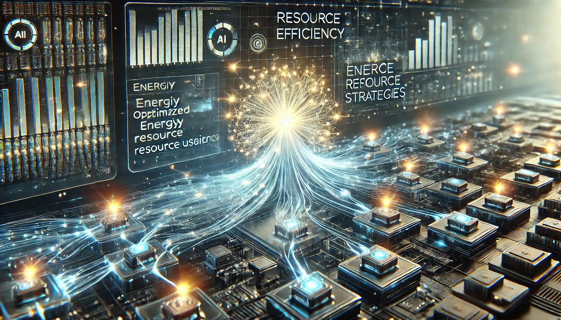 A futuristic visualization of resource efficiency in AI, showing optimized data flows and energy-efficient processing units in a high-tech environment.