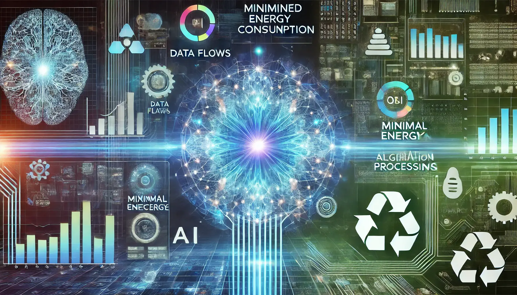 A futuristic AI neural network with streamlined data flows, minimal energy consumption indicators, and holographic analytics optimizing power usage.