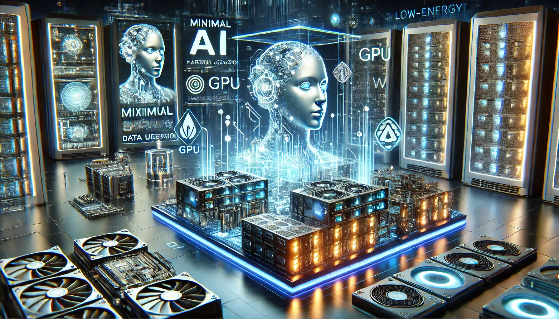 A futuristic digital environment showcasing efficient hardware utilization and energy consumption in AI systems. The image features AI models operating with minimal GPU and hardware usage, surrounded by glowing energy-efficient circuits and low-energy servers. A sleek high-tech data center represents optimized energy consumption. The background includes a digital display showing efficient resource management, highlighting the importance of energy and hardware optimization in AI development.