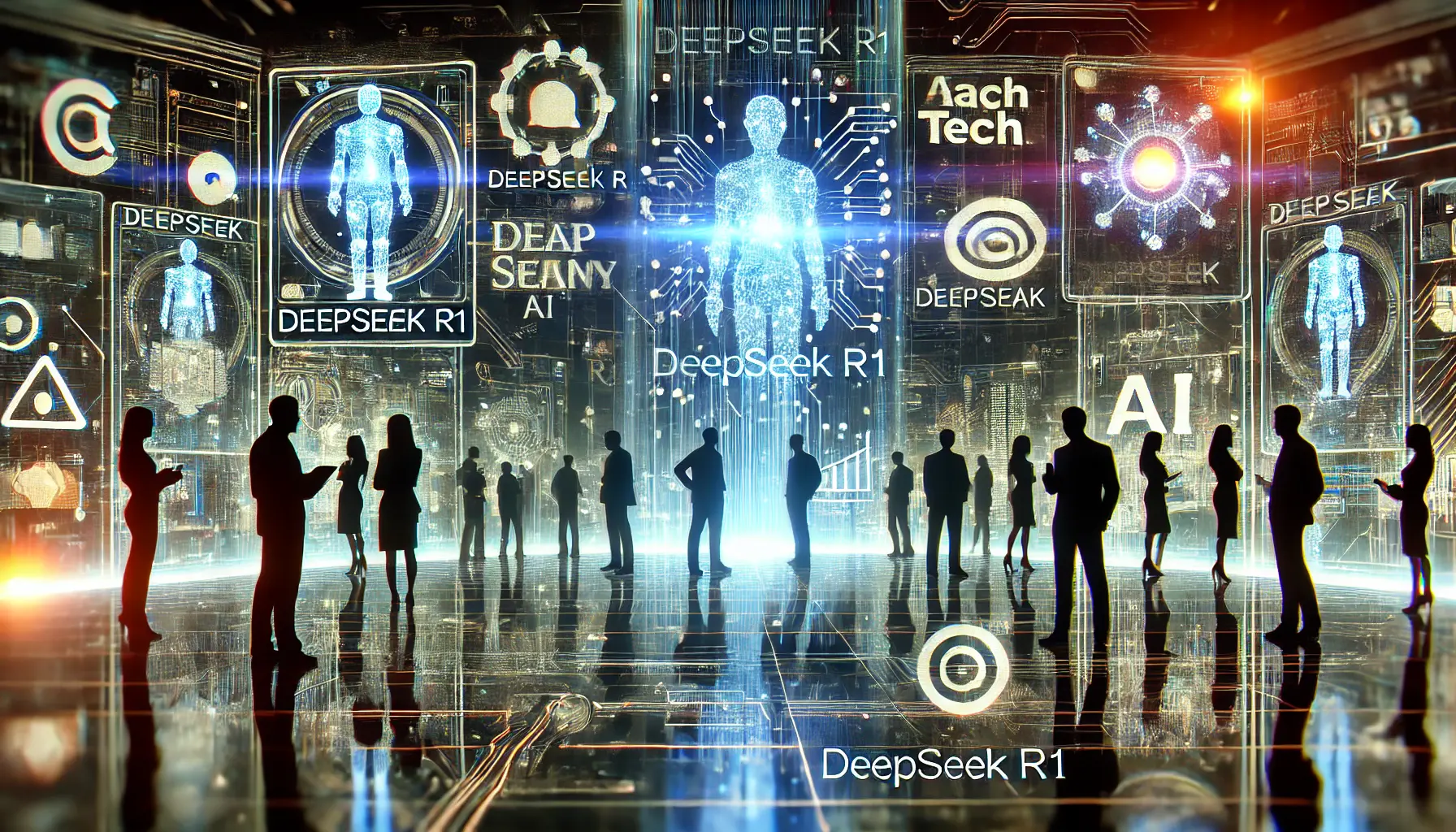 A futuristic digital environment depicting the responses from major tech companies to the rise of DeepSeek R1. The image features glowing holographic interfaces showing silhouettes of major tech company logos and their AI strategies, with data streams flowing between them. In the background, tech executives appear in a digital meeting room, discussing the impact of DeepSeek R1. The scene conveys corporate reactions, strategic discussions, and the competitive landscape of the AI industry.