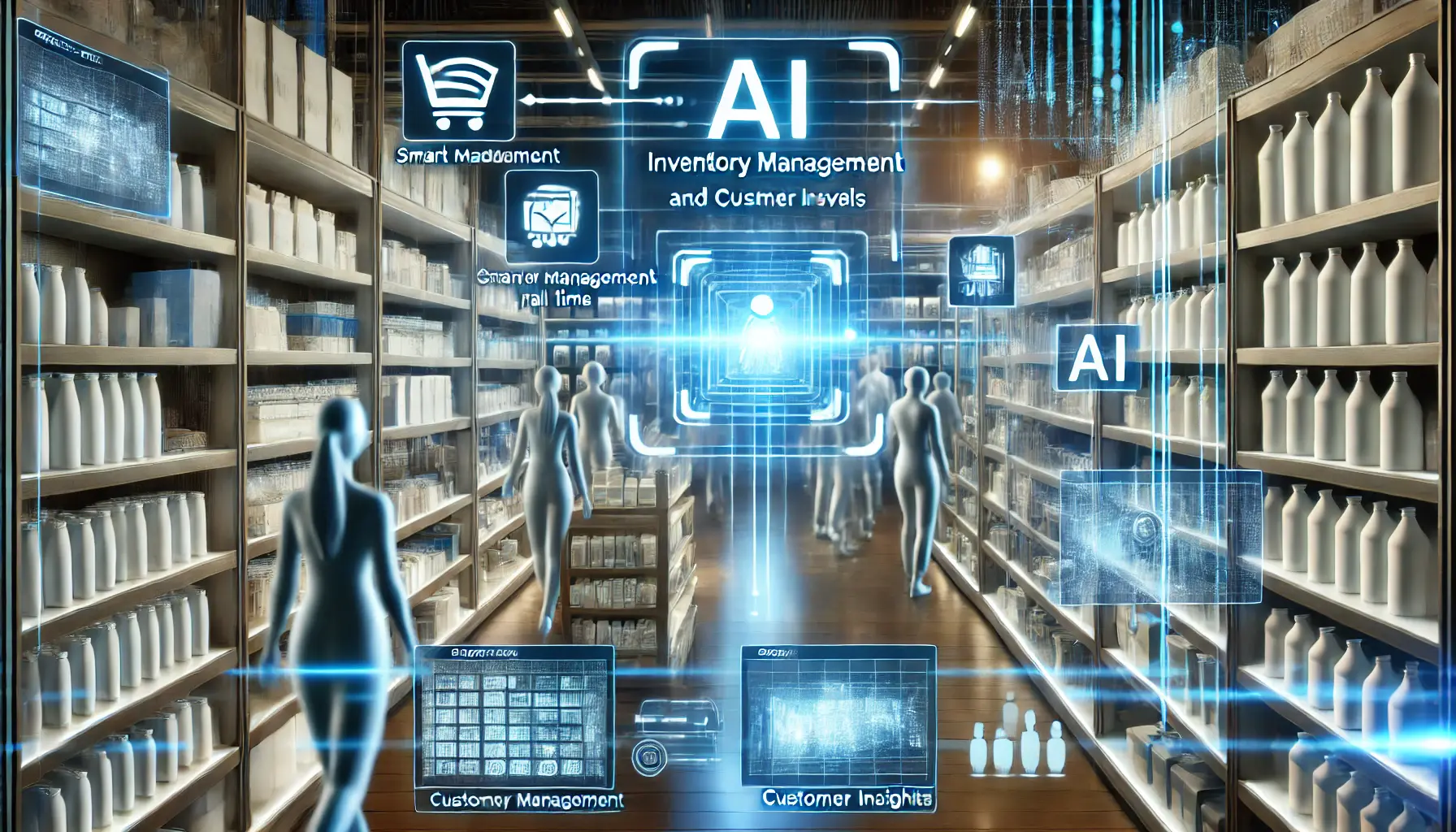 A futuristic AI-powered retail environment with smart shelves and real-time inventory management, enhanced by customer insights and behavior analysis.