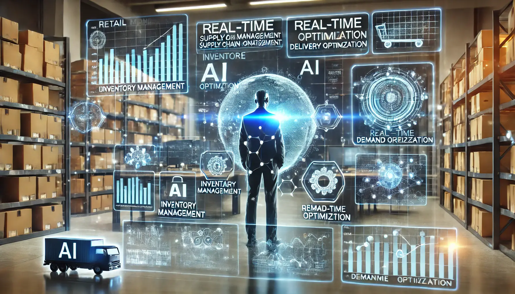 A futuristic digital control room with AI-driven optimization for retail supply chain management, displaying inventory, logistics, and delivery processes.