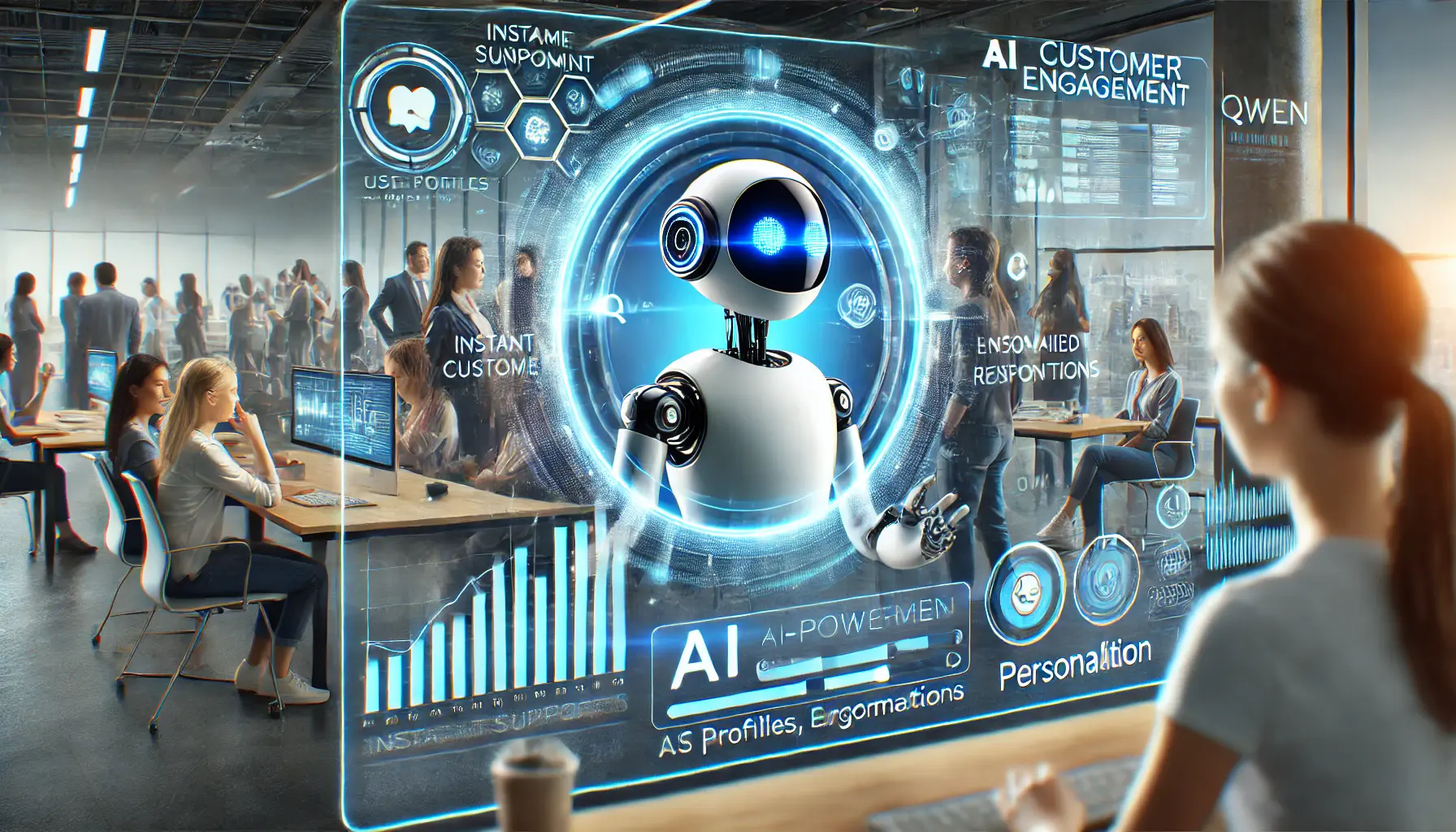 A futuristic AI-driven chatbot interacting with customers, providing instant support and personalized responses, with dynamic user profiles and engagement metrics.