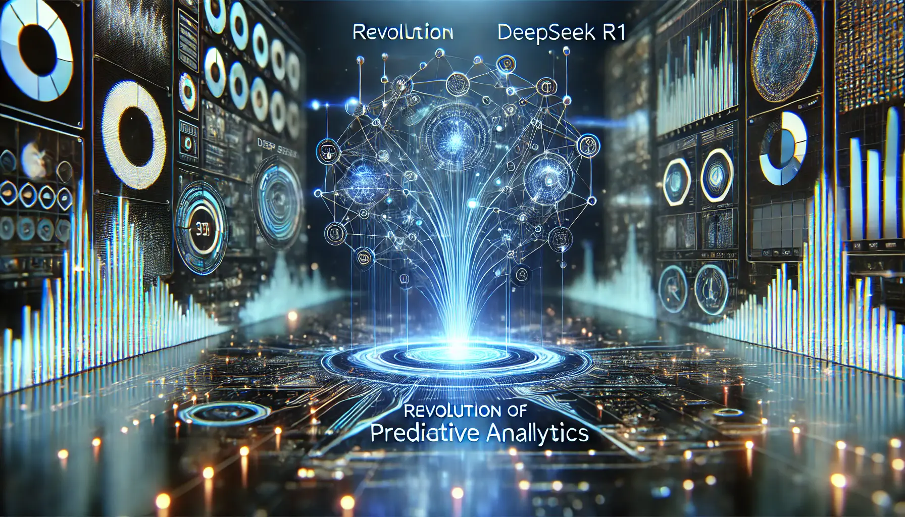 A futuristic visualization showing how DeepSeek R1 is revolutionizing predictive analytics with glowing data streams and real-time decision-making.