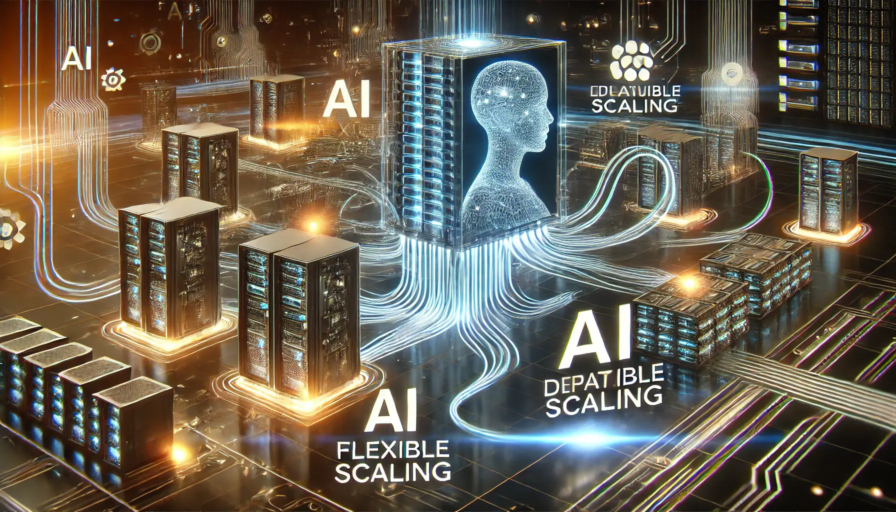 A futuristic digital network with expanding and contracting AI model components and infrastructure, representing scalability and flexibility in AI systems.