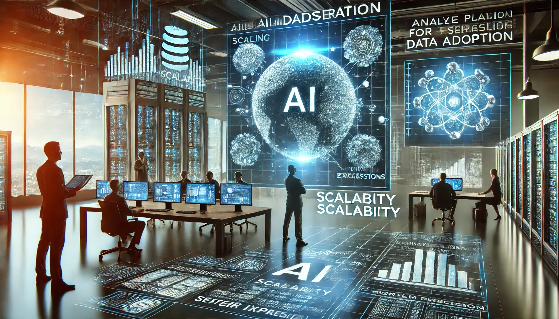 A futuristic business environment showcasing scalability considerations in AI adoption.