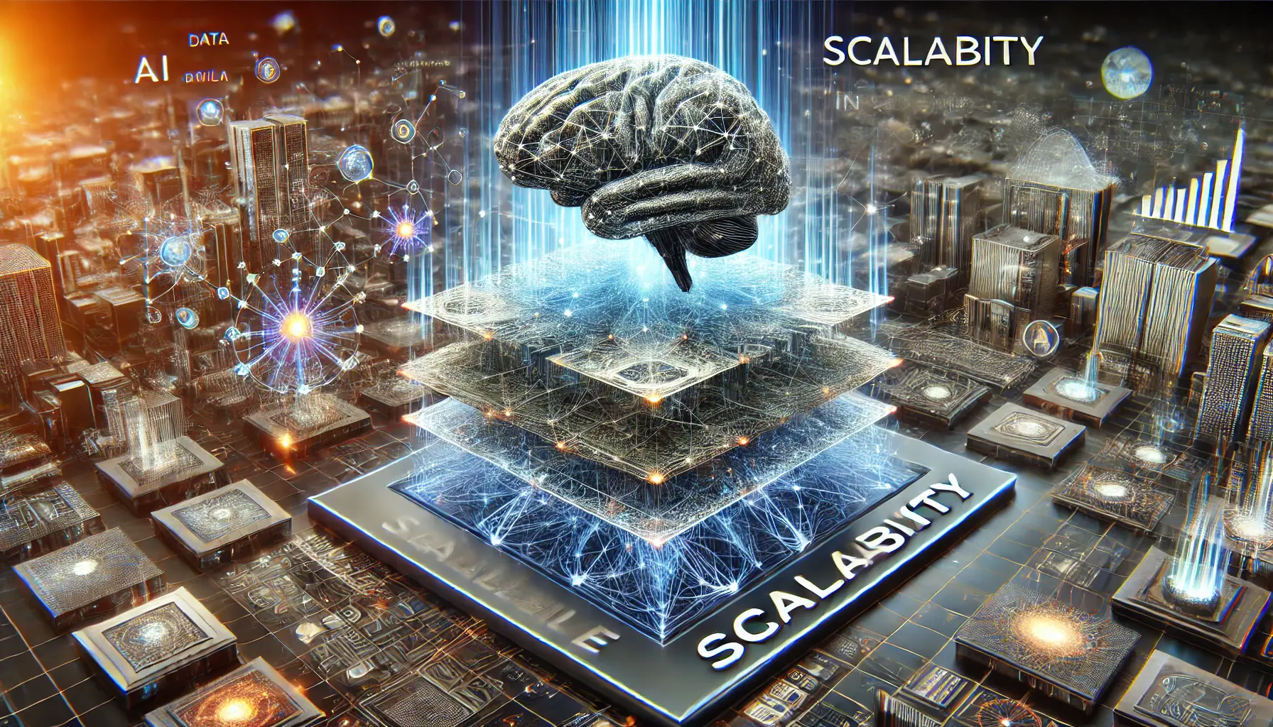 A futuristic visualization of scalability in AI, showing a neural network expanding and adapting to handle larger workloads in a high-tech environment.