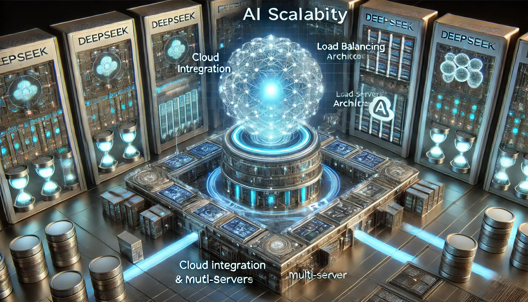 A futuristic AI scalability visualization featuring a high-tech control center with holographic displays showcasing cloud integration, load balancing, and multi-server architecture. A glowing AI core represents DeepSeek R1, surrounded by interconnected data pipelines symbolizing seamless scalability.