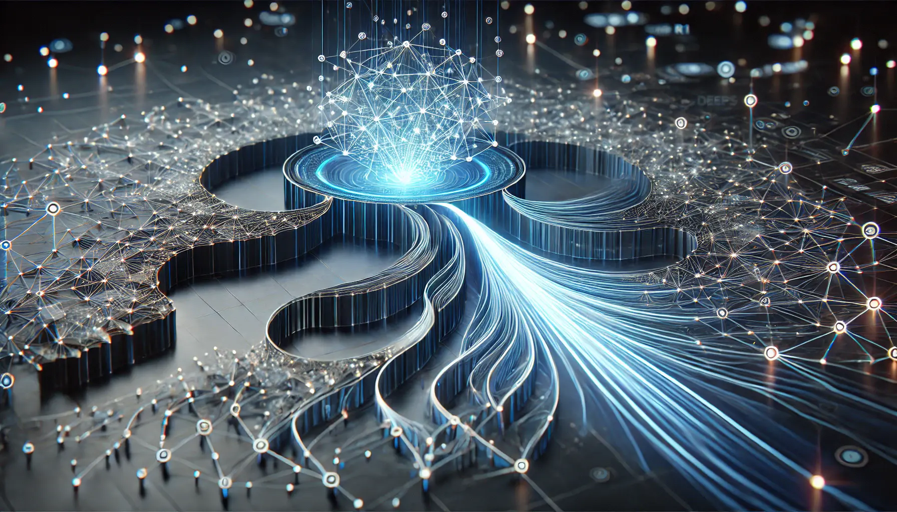 A futuristic visualization representing scalability in AI systems, showing a neural network expanding to handle increasing data flows.