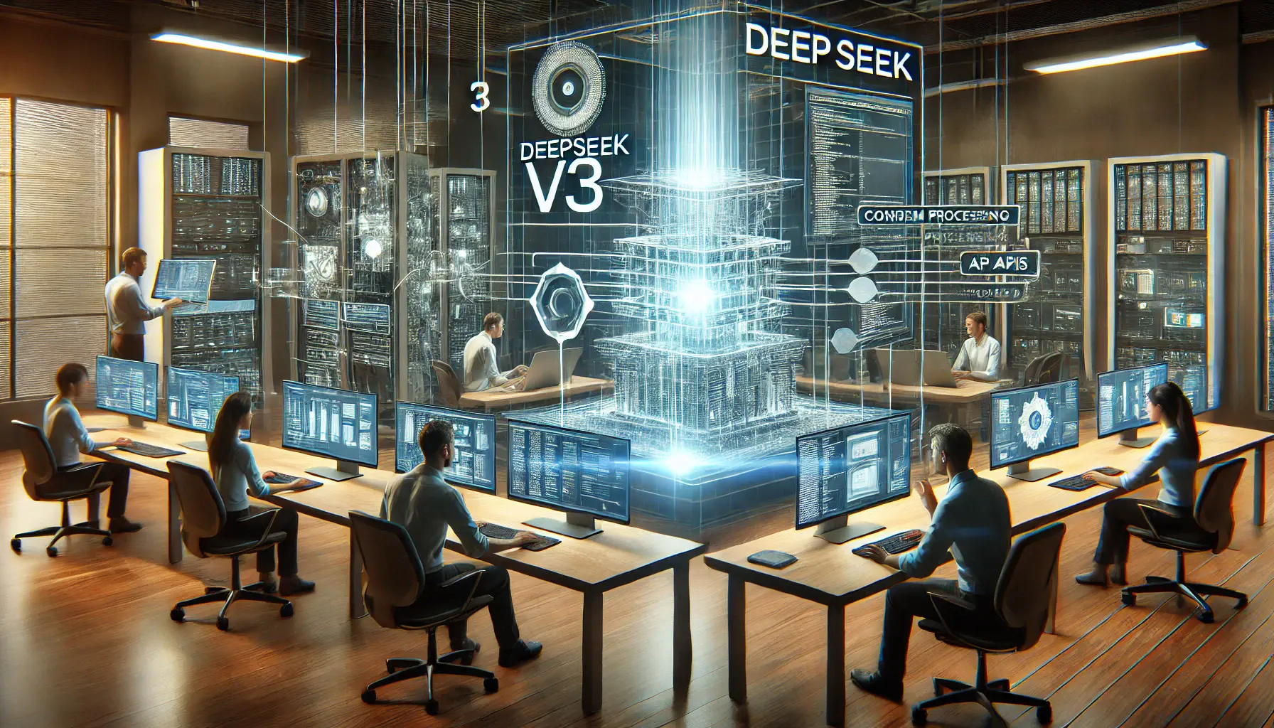 A modern workspace showing IT professionals integrating DeepSeek v3 into an existing system, with multiple screens displaying real-time data processing.