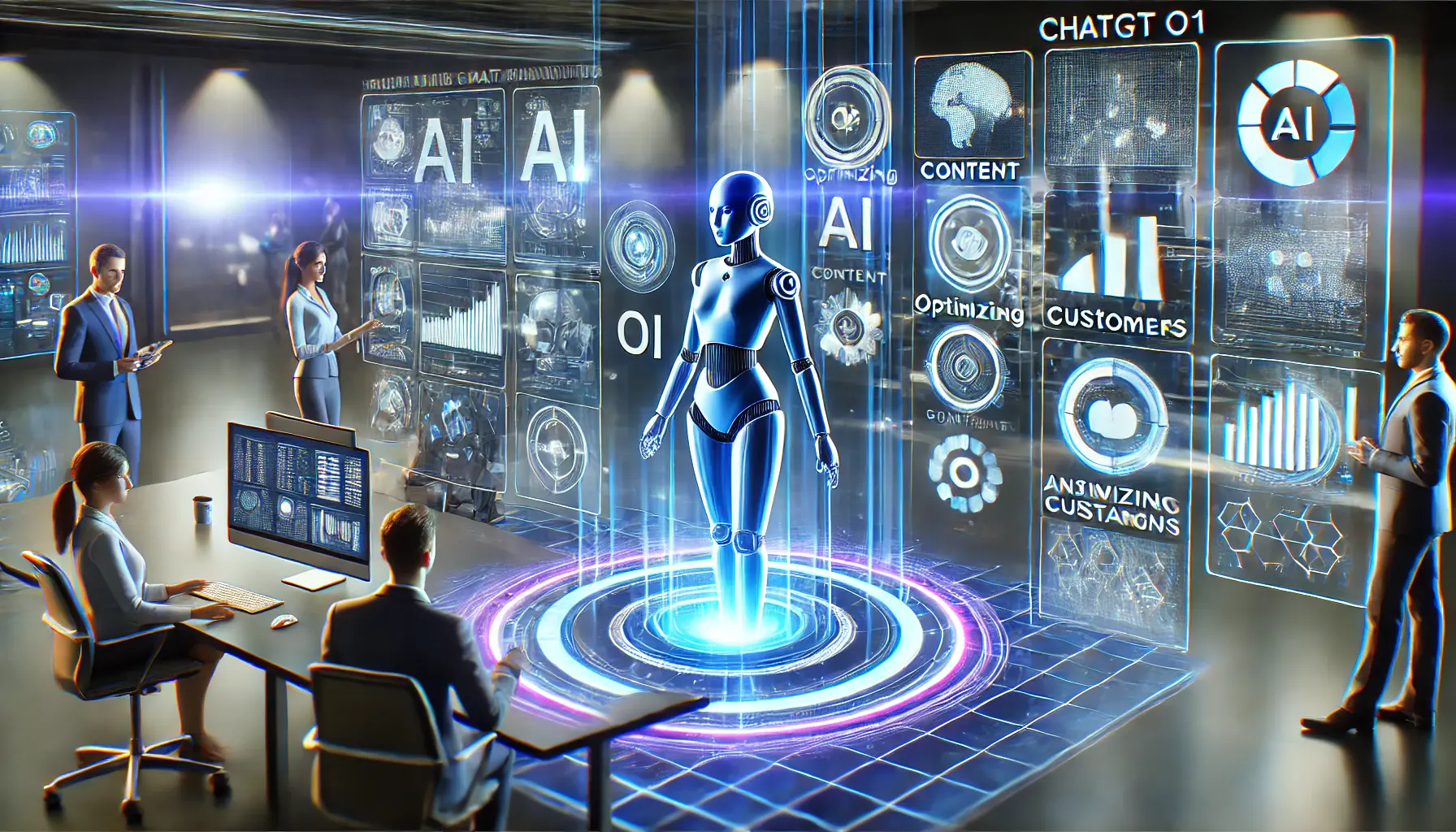 A digital assistant helping marketers integrate ChatGPT o1 into their marketing strategy, optimizing content, customer data analysis, and campaigns.