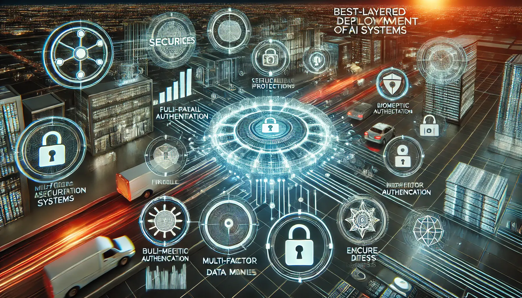 A high-tech digital scene showing best practices for secure deployment of AI systems, featuring multi-layered security such as firewalls, multi-factor authentication, and encrypted data transfer.