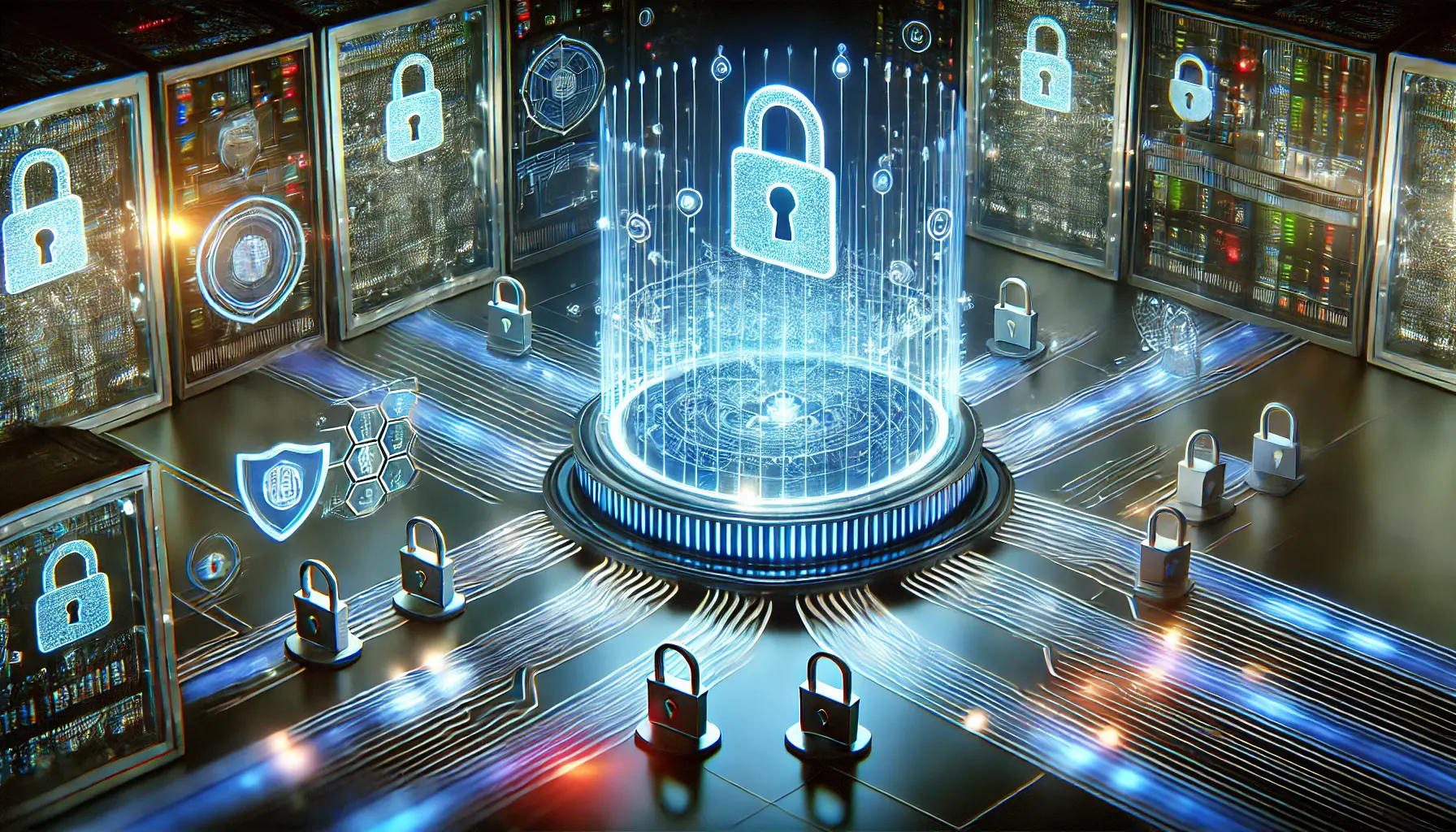 A high-tech digital environment showing secure AI systems with encrypted data streams, holographic shields, and locks for data protection.