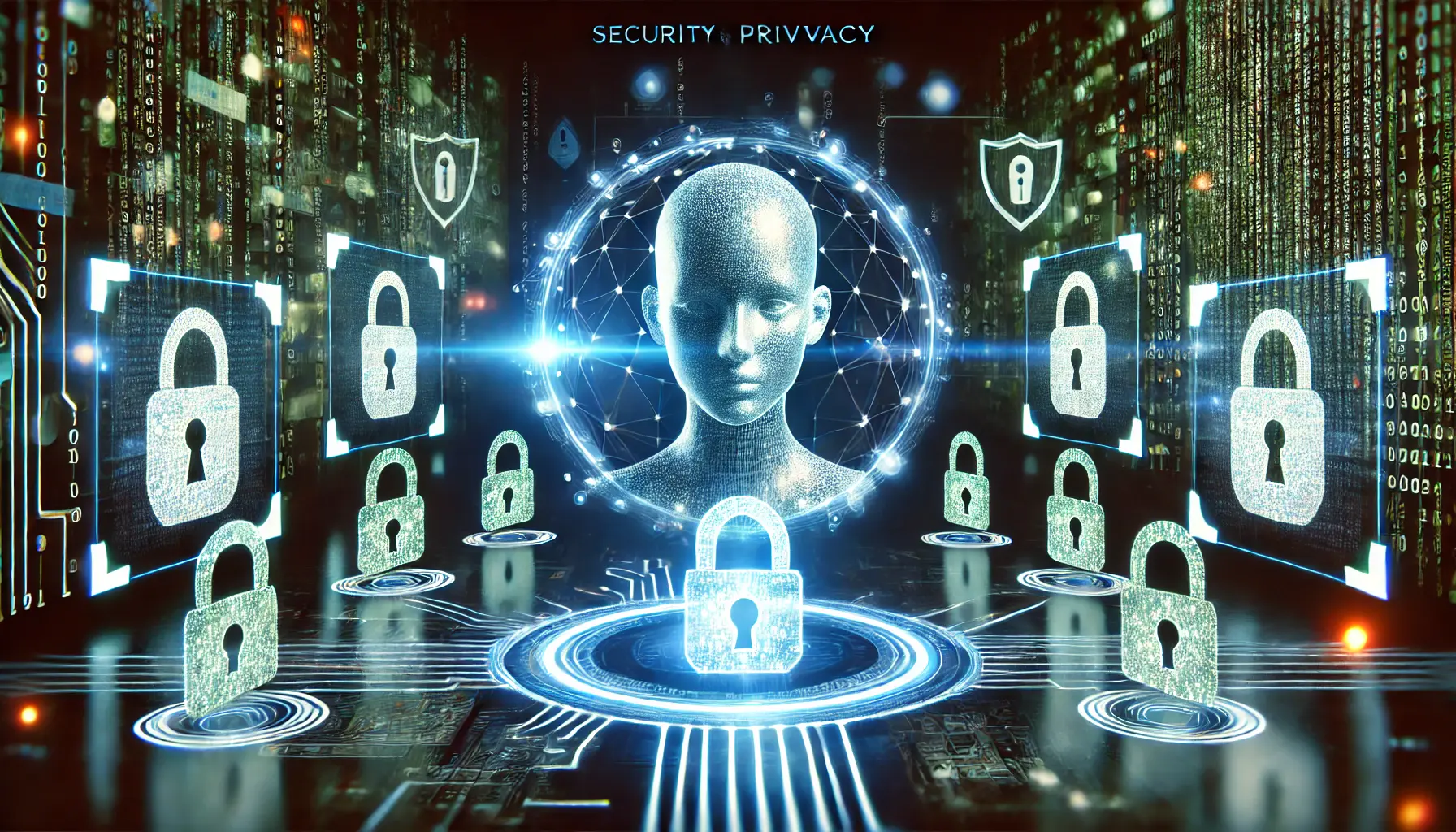 A digital scene representing security and privacy issues in AI systems. The image features an AI model surrounded by glowing digital shields and locks, symbolizing security measures. Data streams are encrypted with visible protection barriers, representing the efforts to safeguard privacy. In the background, abstract representations of hackers attempting to breach data and AI systems are subtly depicted, highlighting the vulnerabilities and concerns of AI security and privacy in the modern digital age.