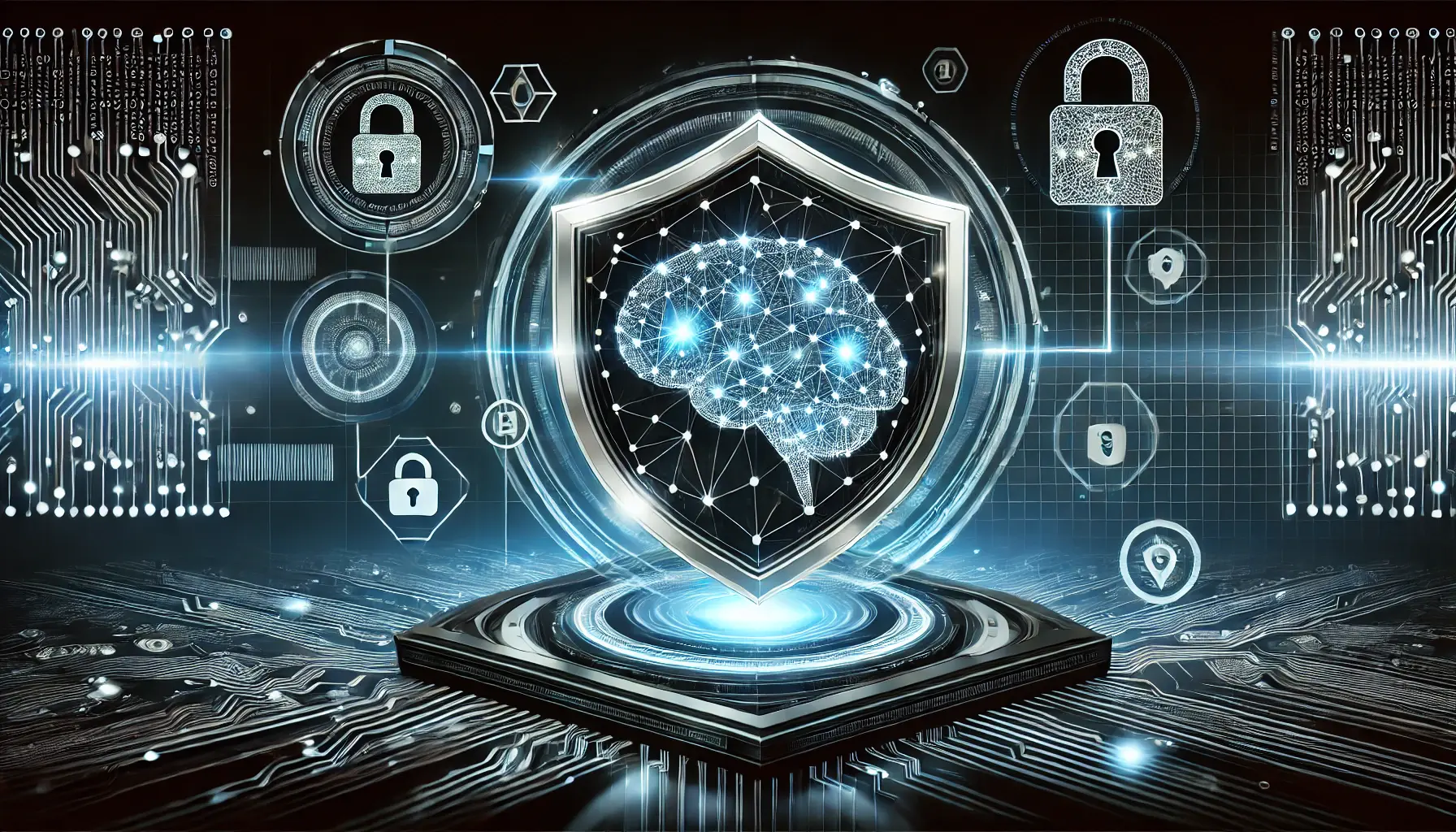 A futuristic cybersecurity-themed digital artwork featuring an AI security shield with a neural network pattern, surrounded by cyber protection elements.