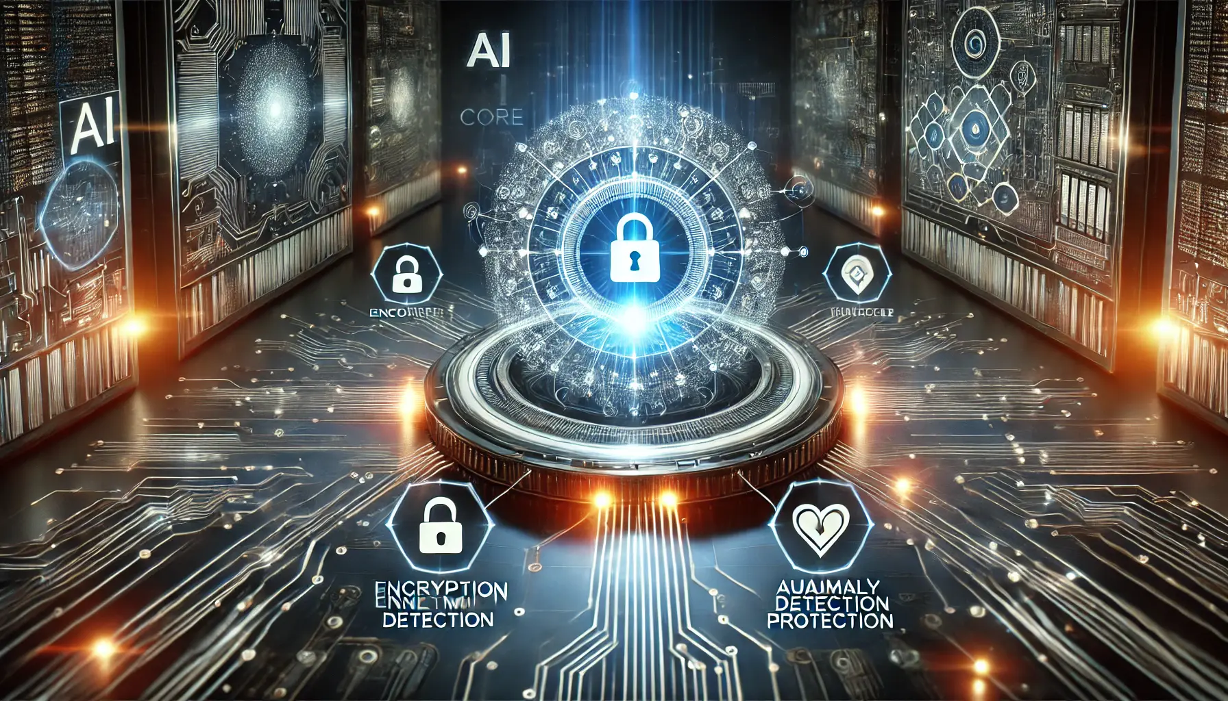 A futuristic AI system showcasing advanced security features with digital shields and layers of protection, symbolizing encryption, anomaly detection, and fraud protection.