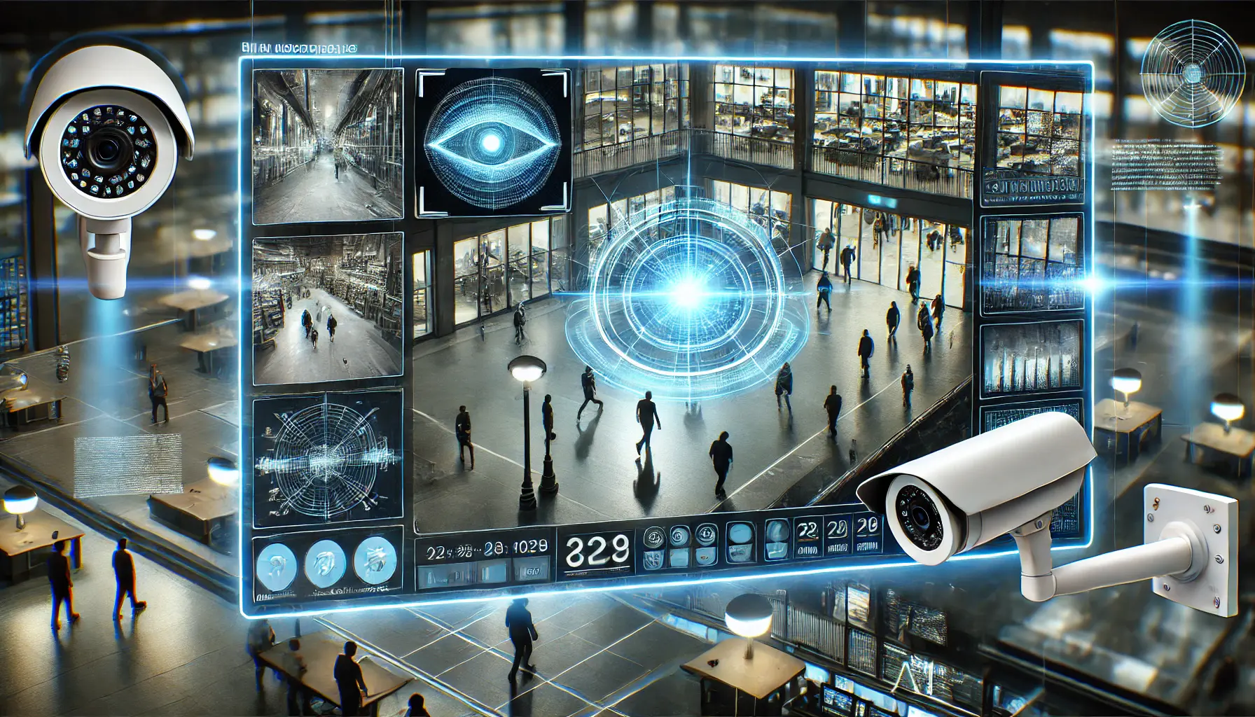 A futuristic AI surveillance system monitoring a public area with multiple camera feeds and real-time object detection for potential security threats.