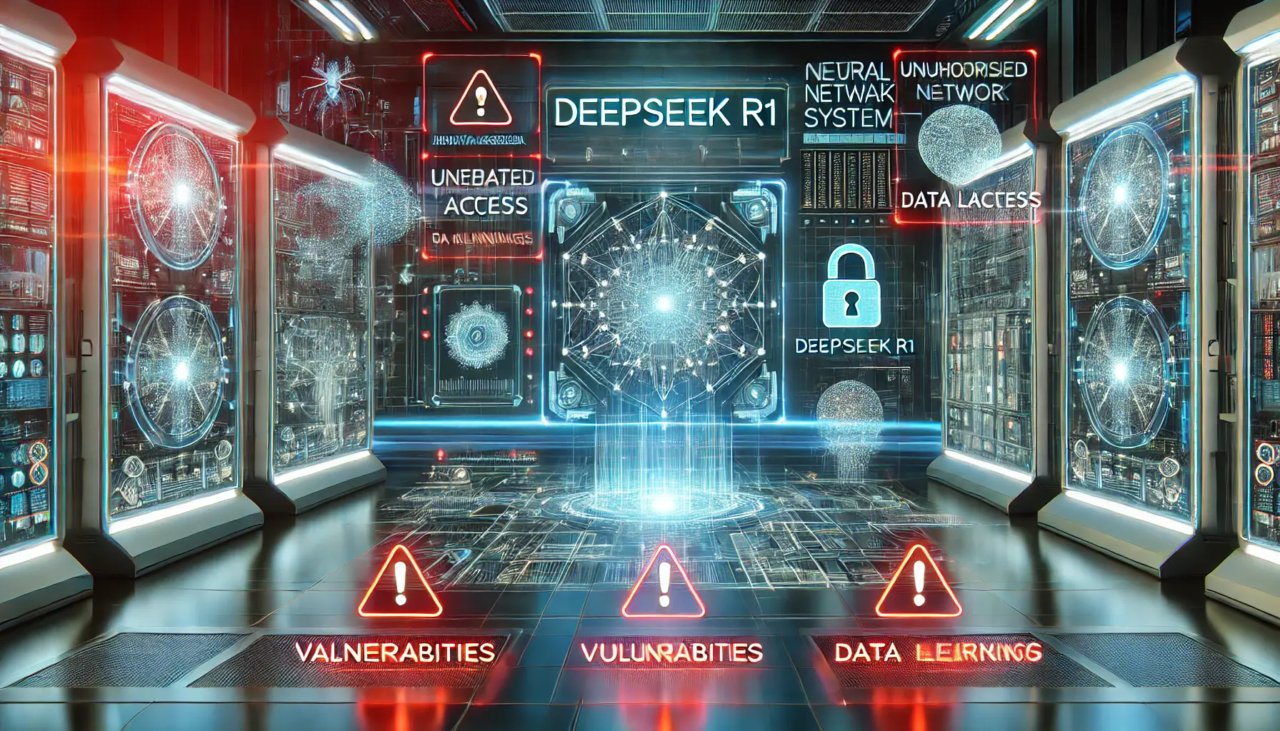 A futuristic AI security interface with holographic alerts and breach warnings, highlighting vulnerabilities like unauthorized access and data leaks.