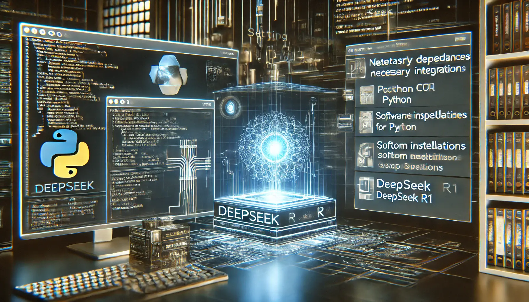 A futuristic software development environment with holographic code interfaces, package installations, and system configurations. A glowing AI core represents DeepSeek R1, surrounded by digital data streams displaying Python libraries and software dependencies.