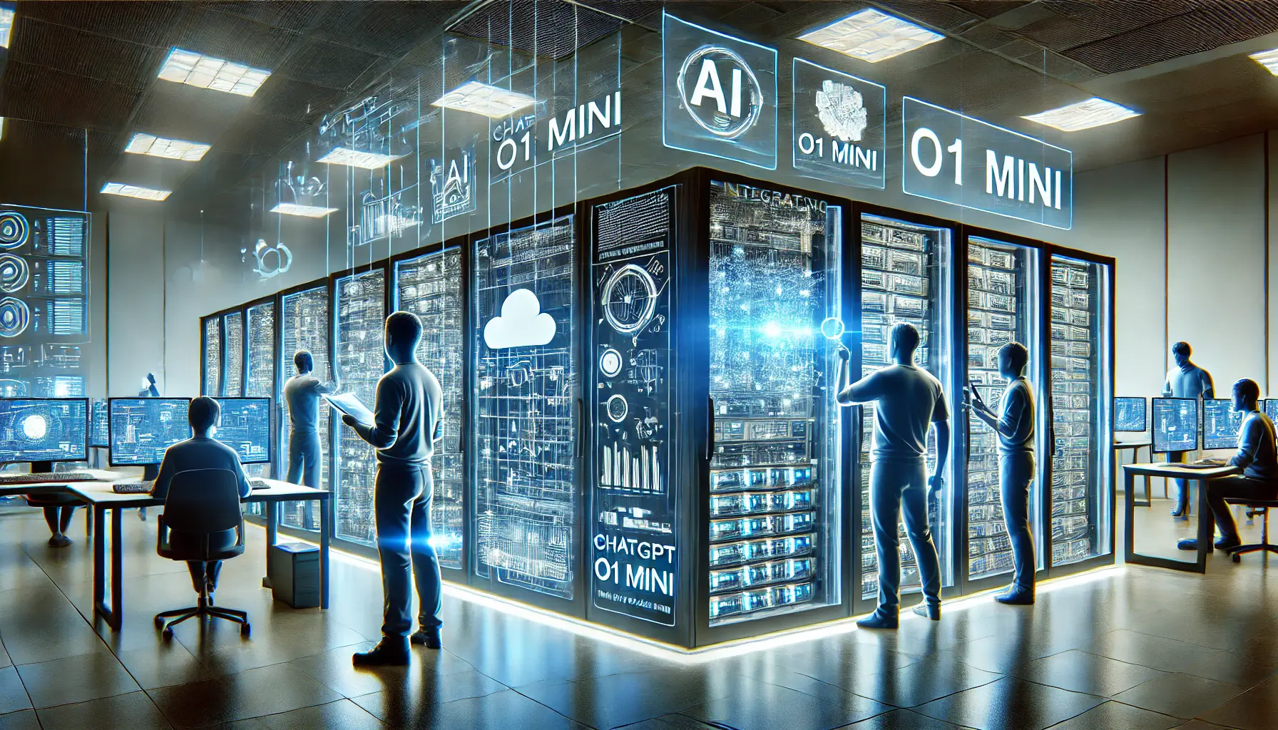 Engineers setting up the necessary infrastructure in a high-tech server room for AI integration, working with servers, cables, and holographic data interfaces.