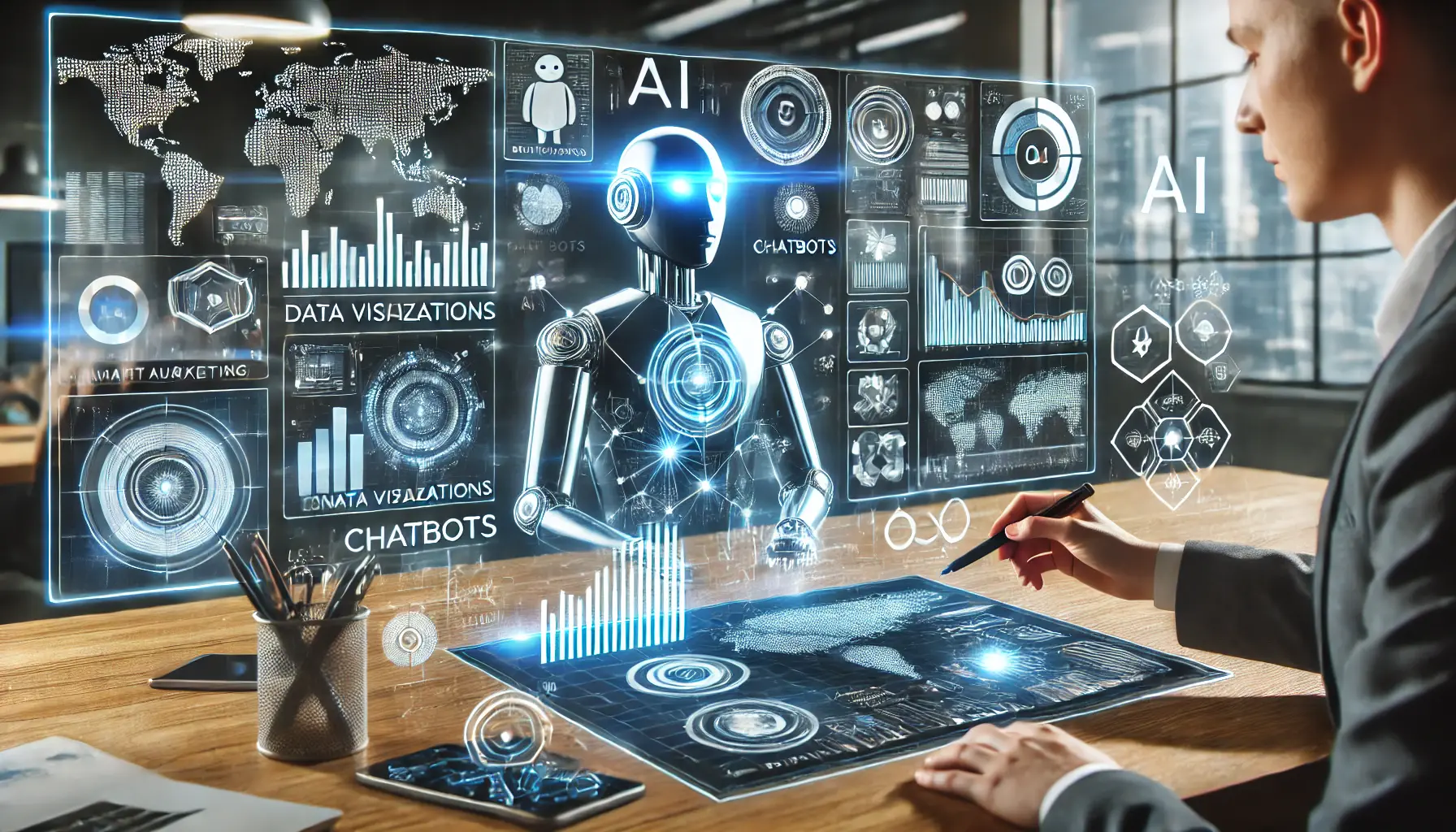 A futuristic digital marketing interface featuring AI-driven analytics and automation, with a business professional interacting with a high-tech screen displaying data visualizations, chatbots, and content creation tools.