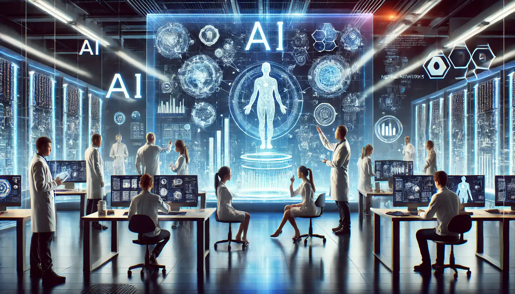 A futuristic AI laboratory where professionals develop advanced AI models and algorithms to shape the future of technology.