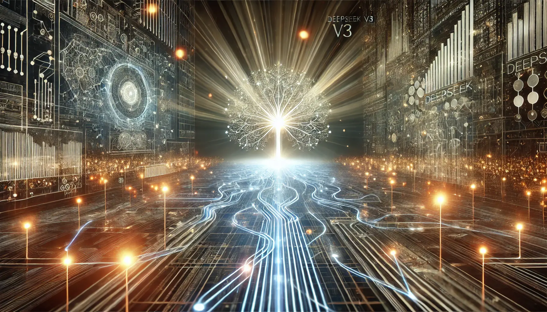 A glowing neural network surrounded by pathways leading toward new innovations, symbolizing the significance and future of DeepSeek v3 in AI development.