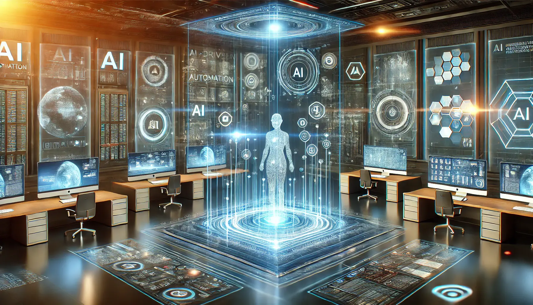 A high-tech control room with holographic screens showcasing AI automation handling tasks like content generation, data analysis, and customer service.