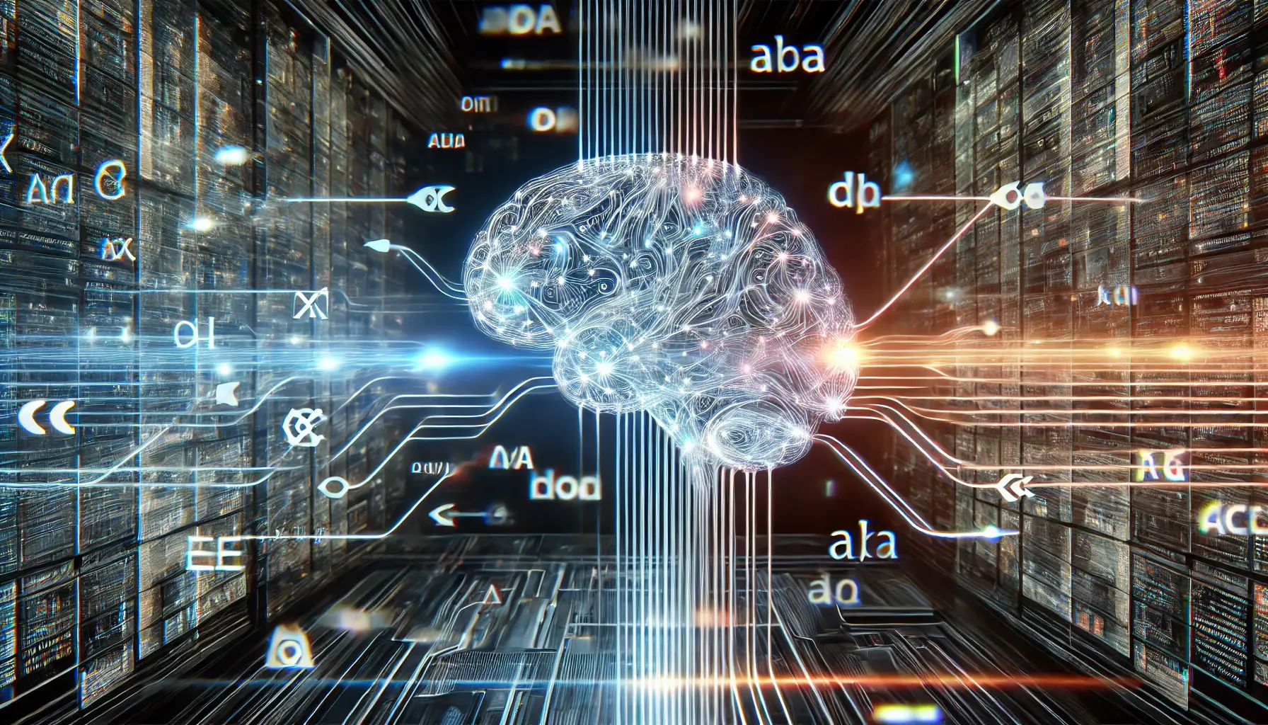 A futuristic AI system handling seamless code-switching between multiple languages, visualized as a digital brain with neural pathways flowing smoothly between different language regions.