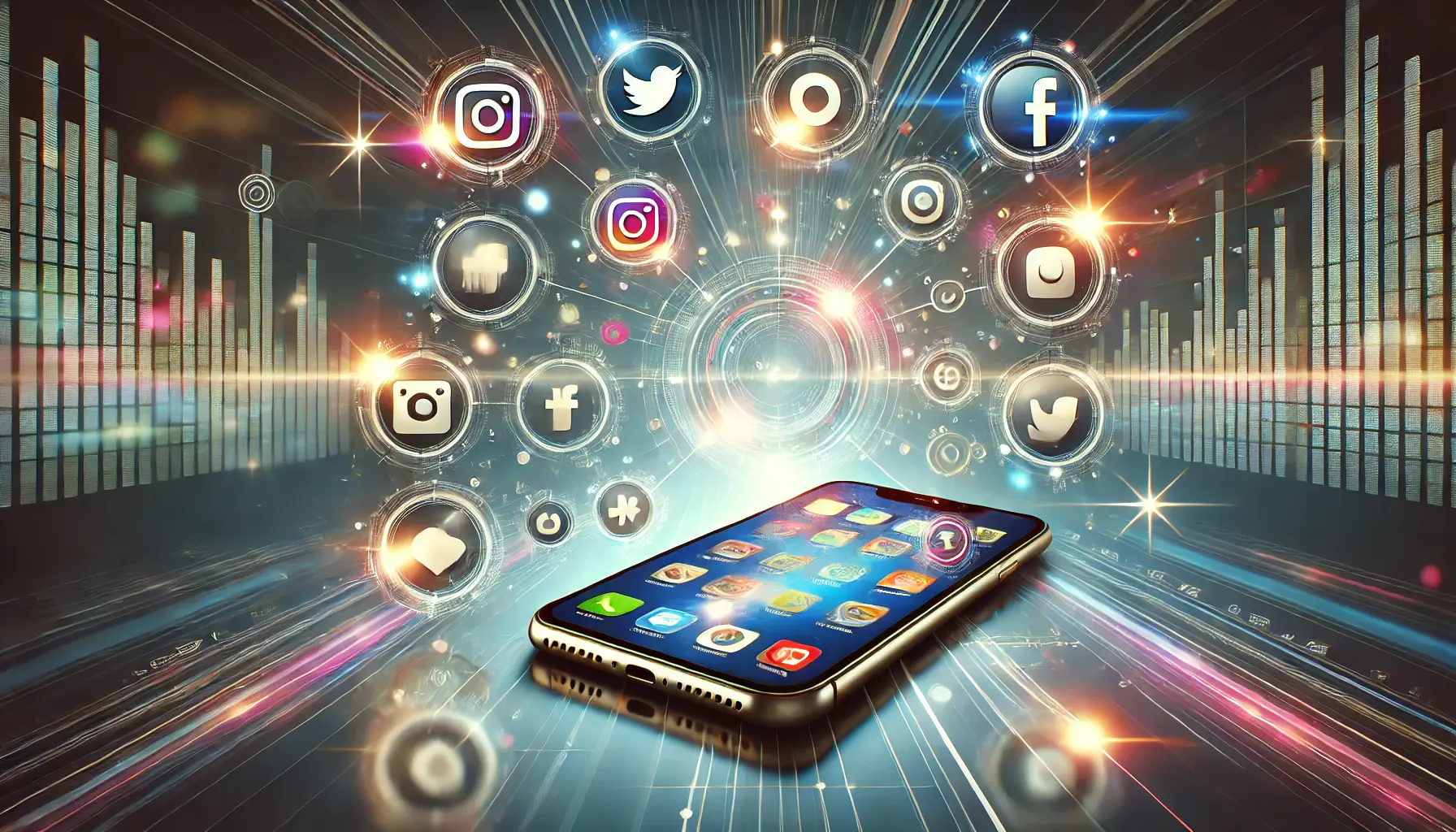 A visually engaging representation of social media mentions and shares for app store optimization, featuring a smartphone with floating social media icons like Instagram, Twitter, and Facebook.