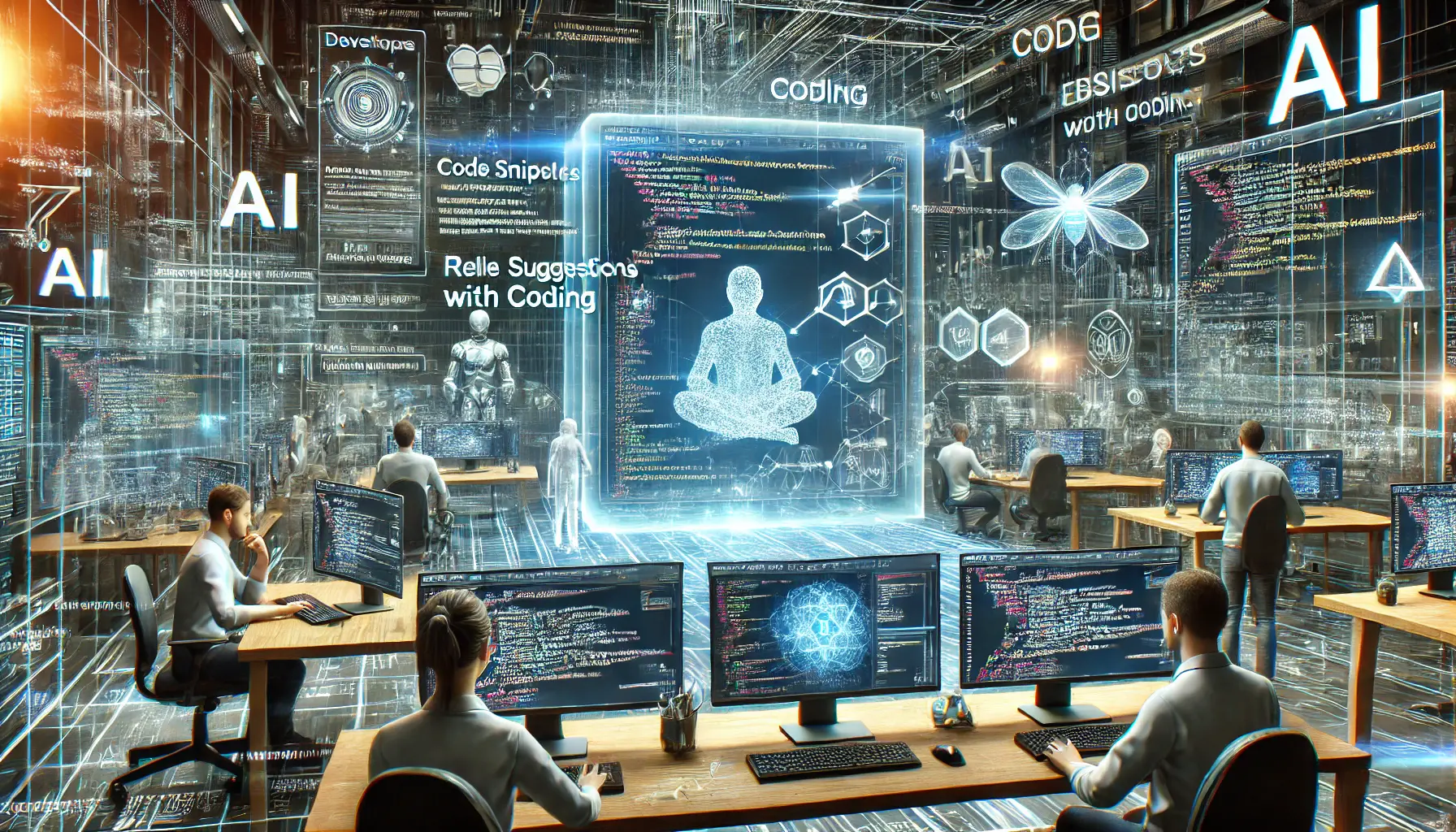 A high-tech software development environment where AI assists in coding. Developers interact with a holographic screen displaying real-time code generation, debugging, and optimization suggestions.