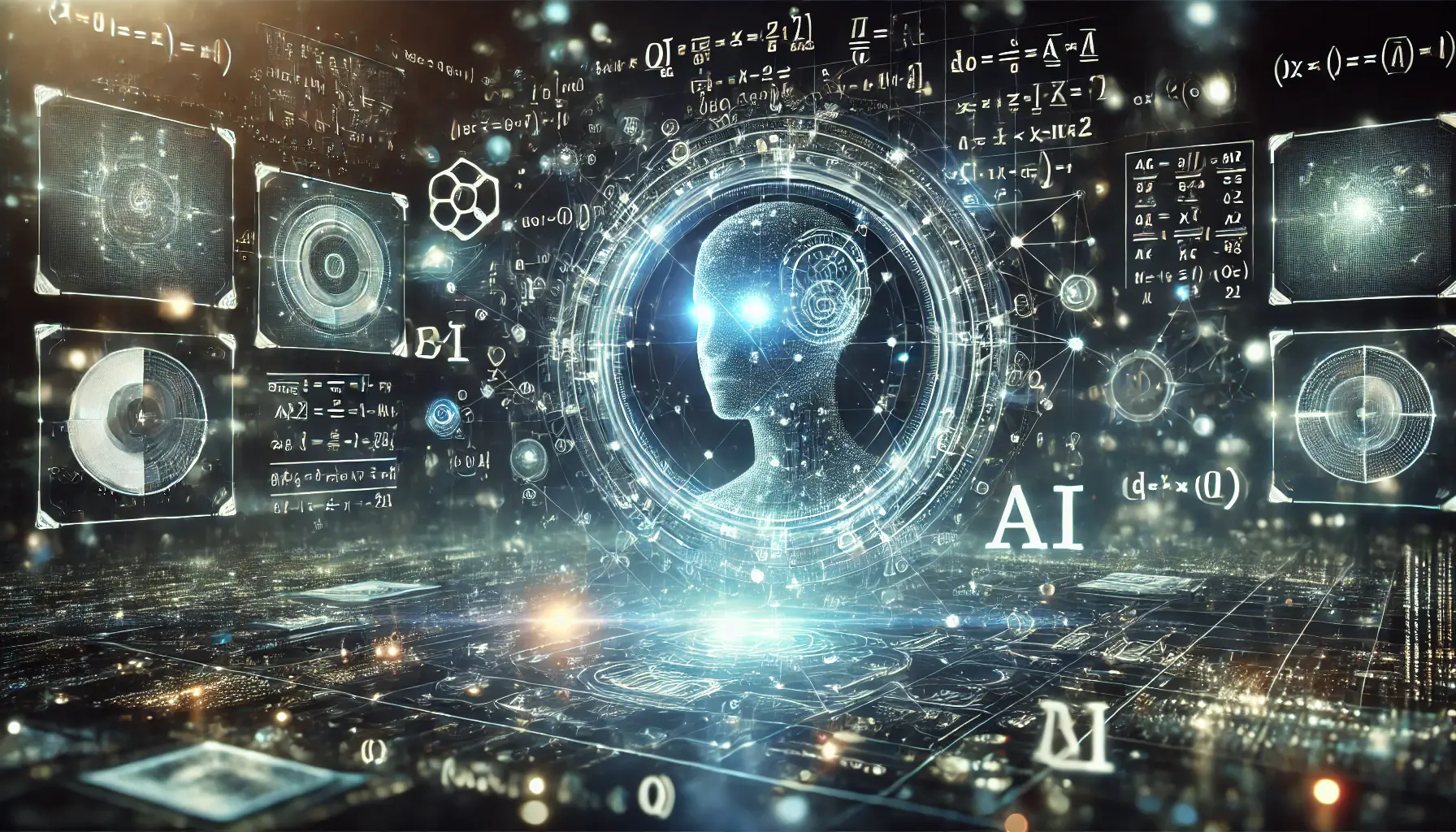 A futuristic AI-powered environment with a holographic interface displaying complex mathematical equations being processed by an advanced AI system.