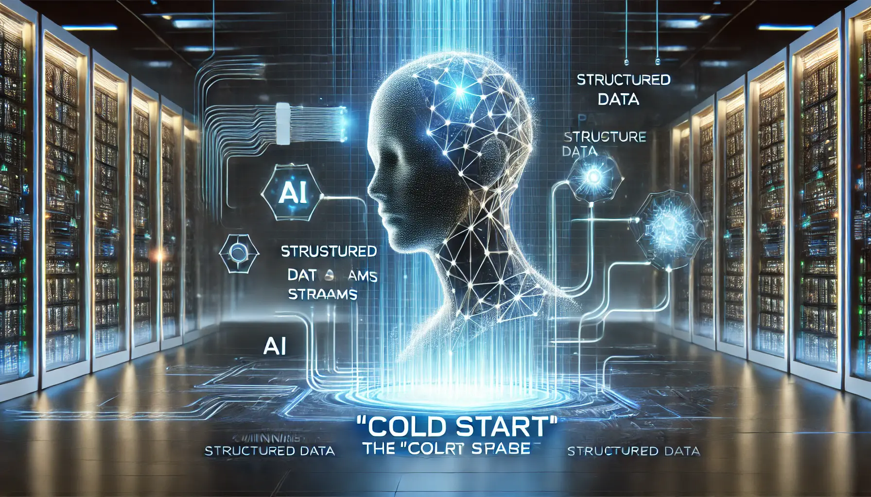 A futuristic AI system initializing from a blank state, forming glowing data pathways to represent the foundation of learning.