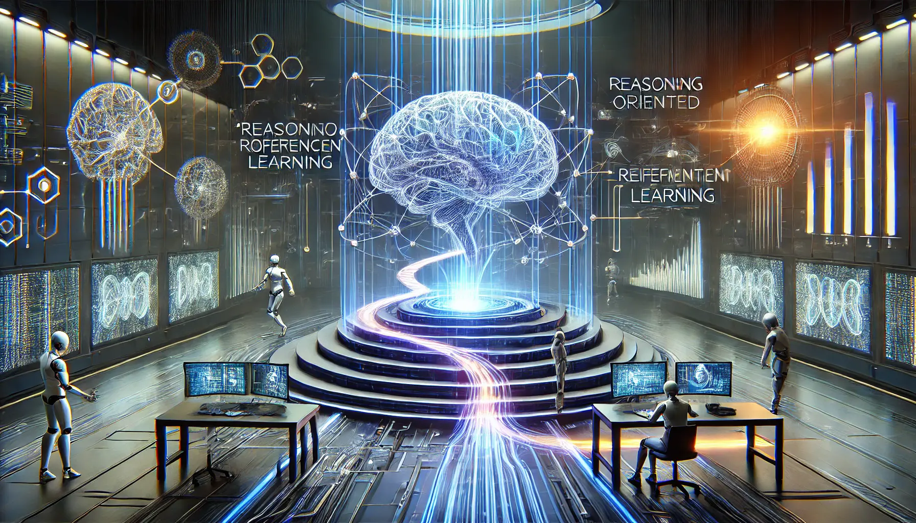 A futuristic AI system engaging in complex problem-solving with glowing data streams and interconnected neural pathways representing iterative learning.