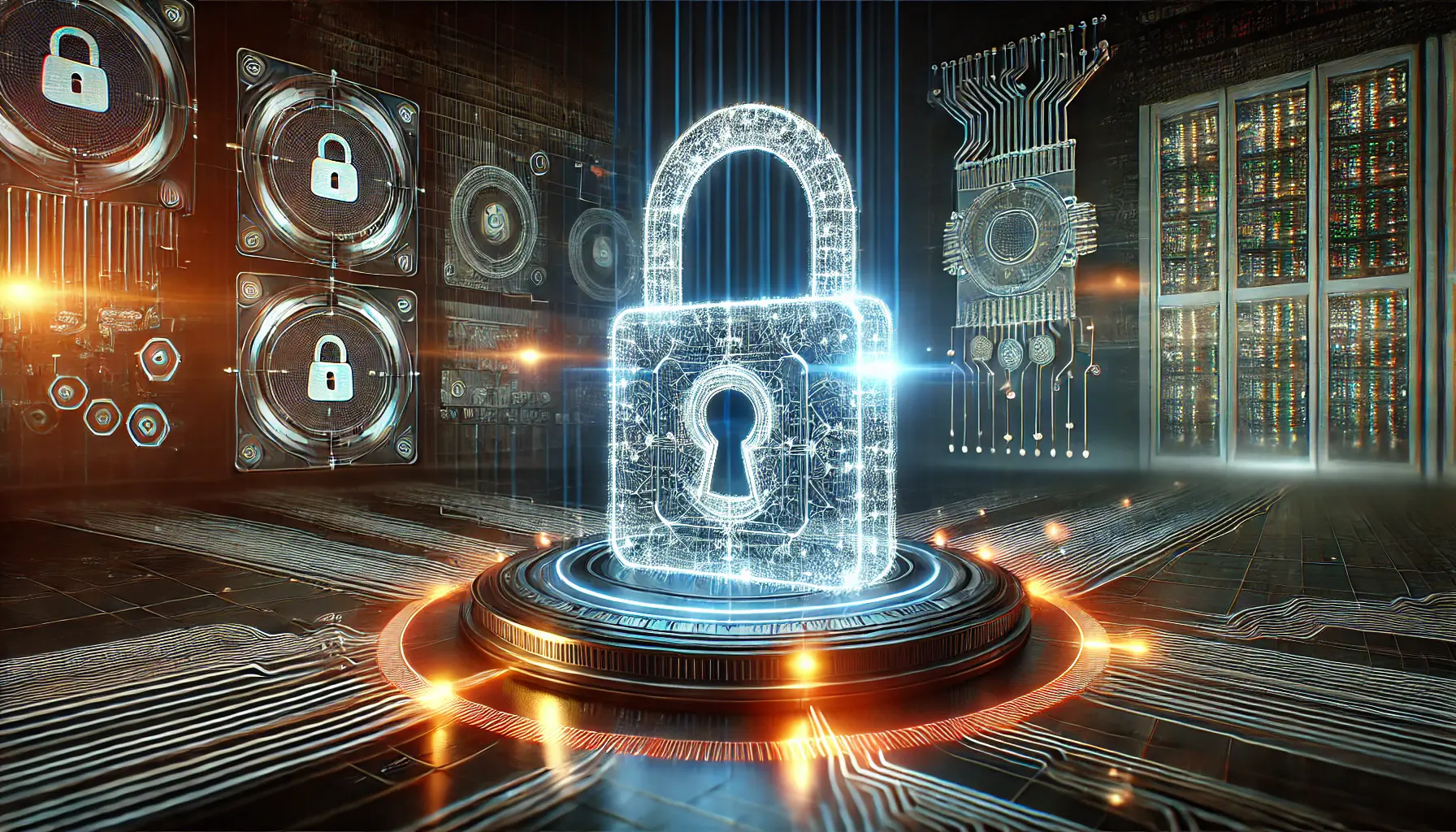 A high-tech digital environment featuring a glowing lock symbolizing data encryption, with secure data streams and advanced encryption algorithms.