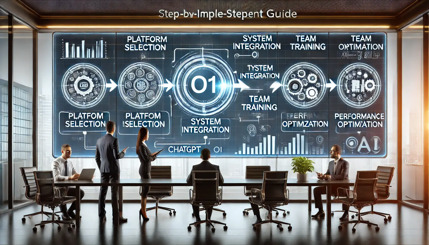 A digital roadmap showcasing the step-by-step process of implementing ChatGPT o1, with icons representing key stages like platform selection, system integration, and team training.