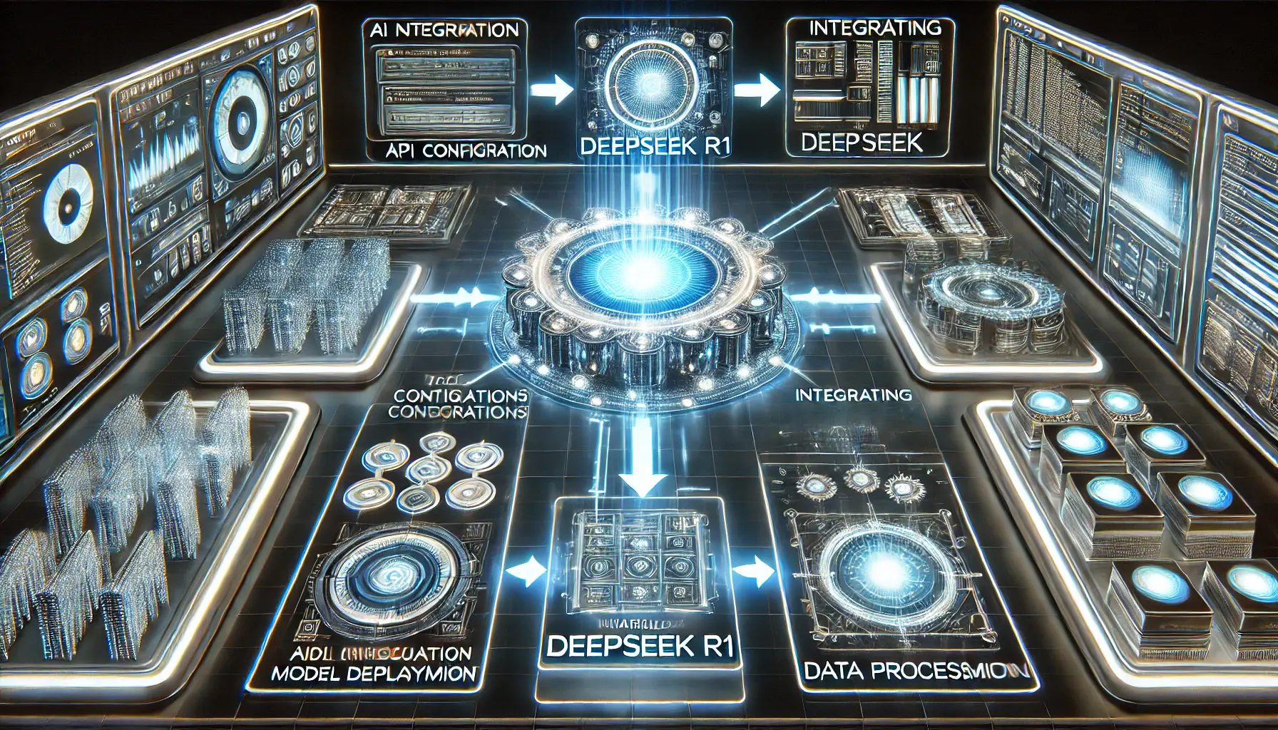 A futuristic AI integration process visualization featuring a high-tech control panel with holographic displays showing API configurations, model deployment, and data processing. A glowing AI core represents DeepSeek R1 at the center, with data streams connecting various integration steps.