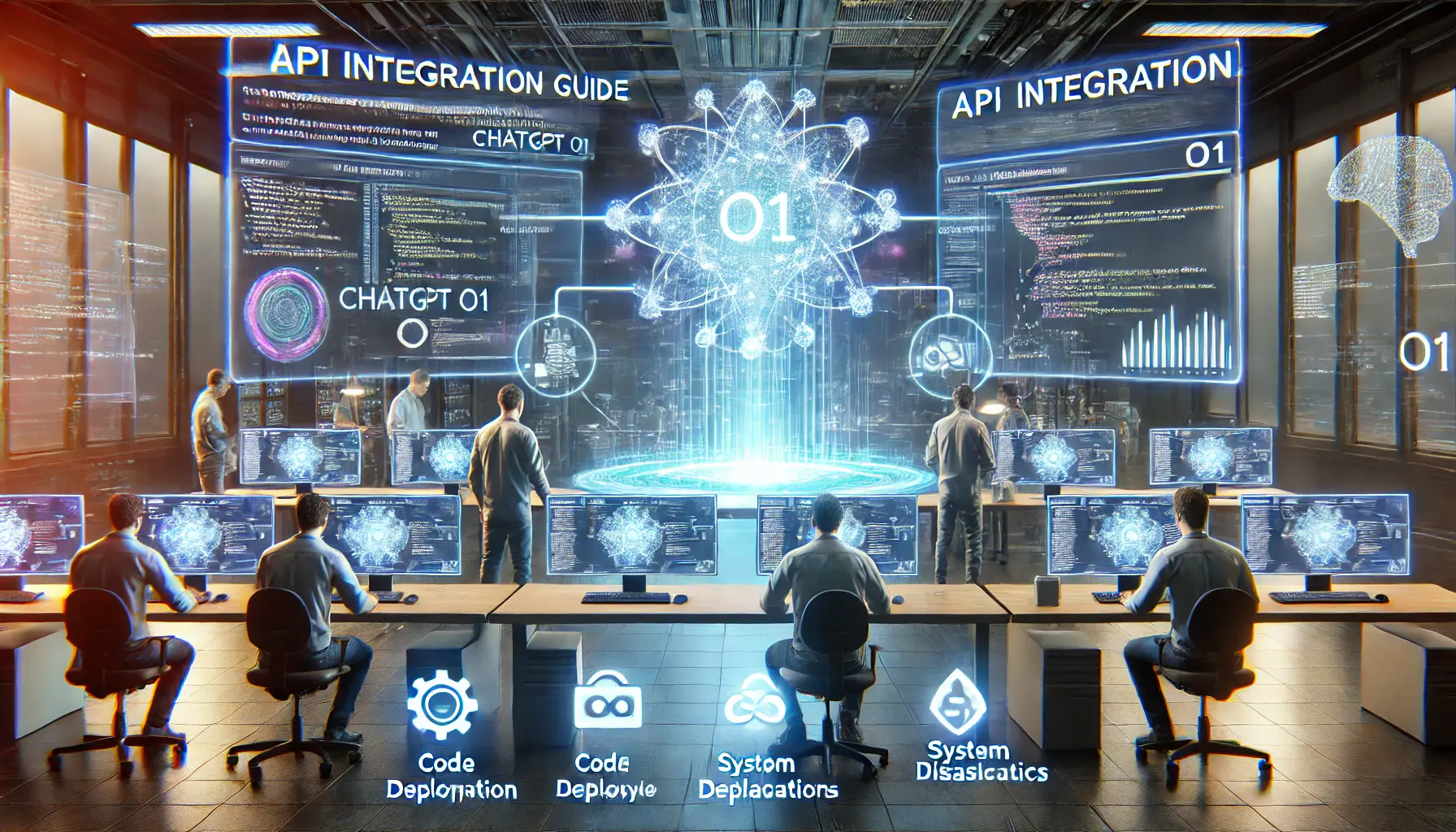 A futuristic workspace where engineers follow a step-by-step guide to integrate ChatGPT o1, with holographic interfaces, code deployment, and system diagnostics.