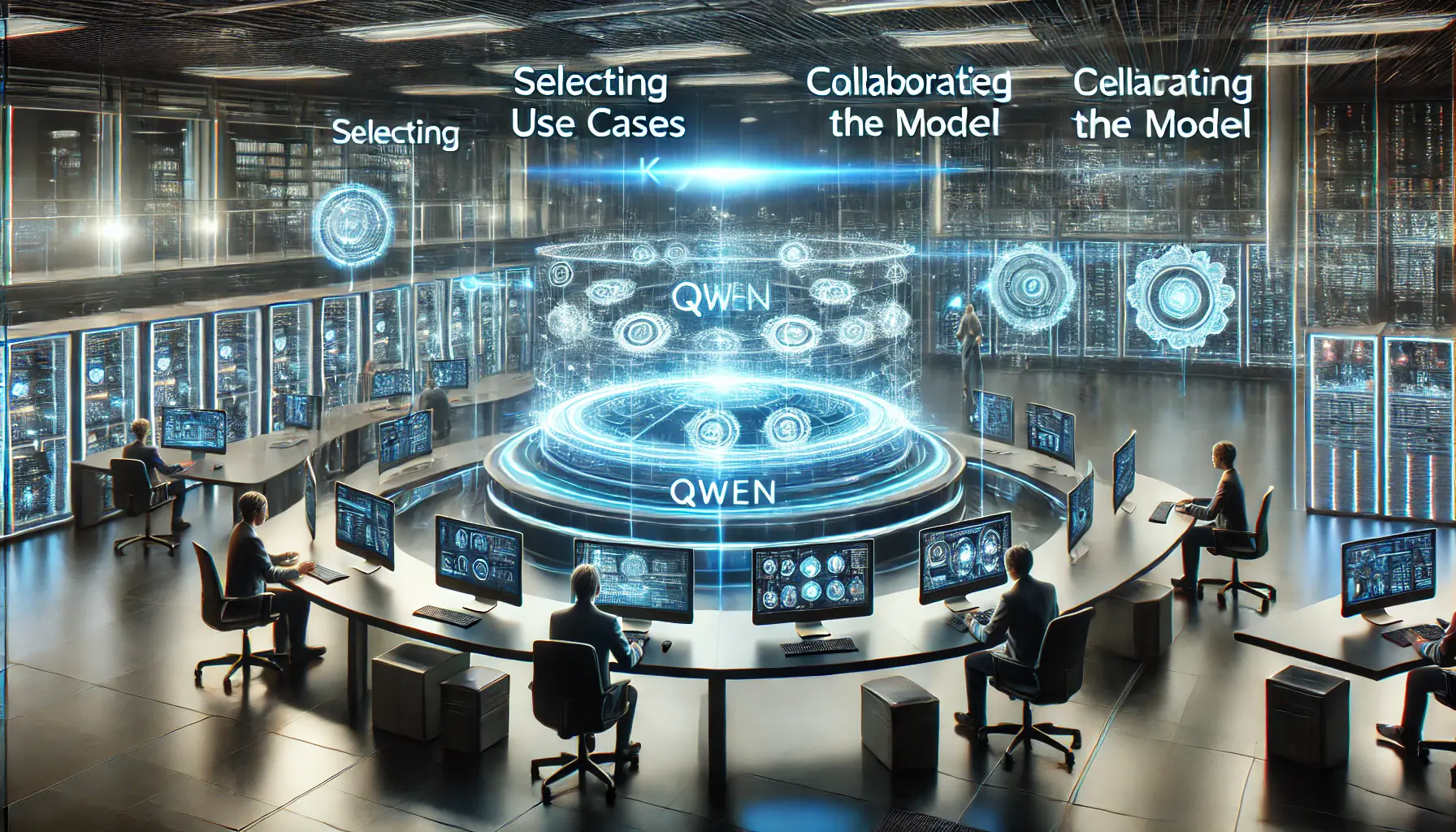 A high-tech business environment with holographic screens showing the steps of implementing AI, such as selecting use cases, collaborating with experts, training, and deploying Qwen.