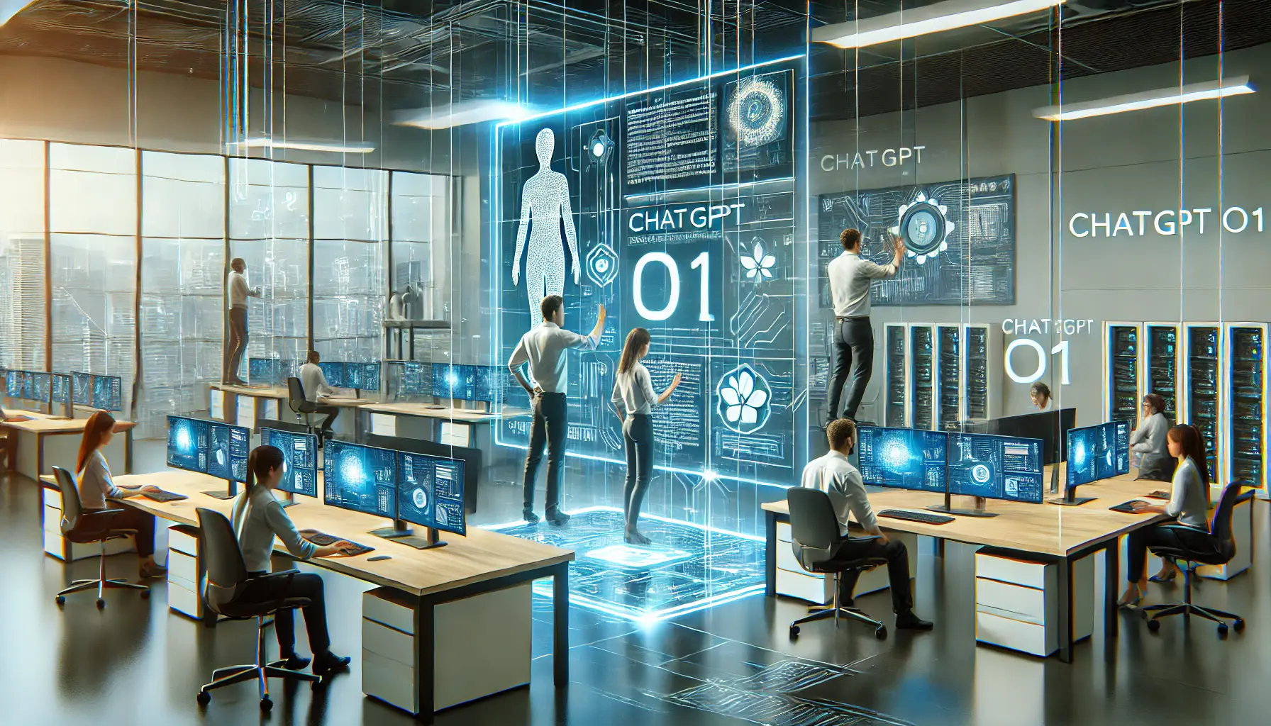 A high-tech office where a team of technology experts is installing ChatGPT o1 into business systems, with holographic displays showing the integration process.