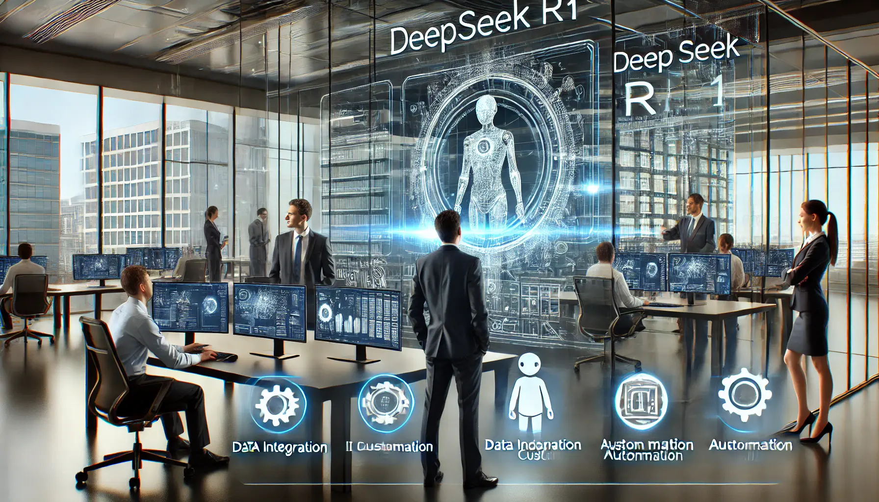 Futuristic corporate environment where professionals collaborate on AI integration with holographic displays.