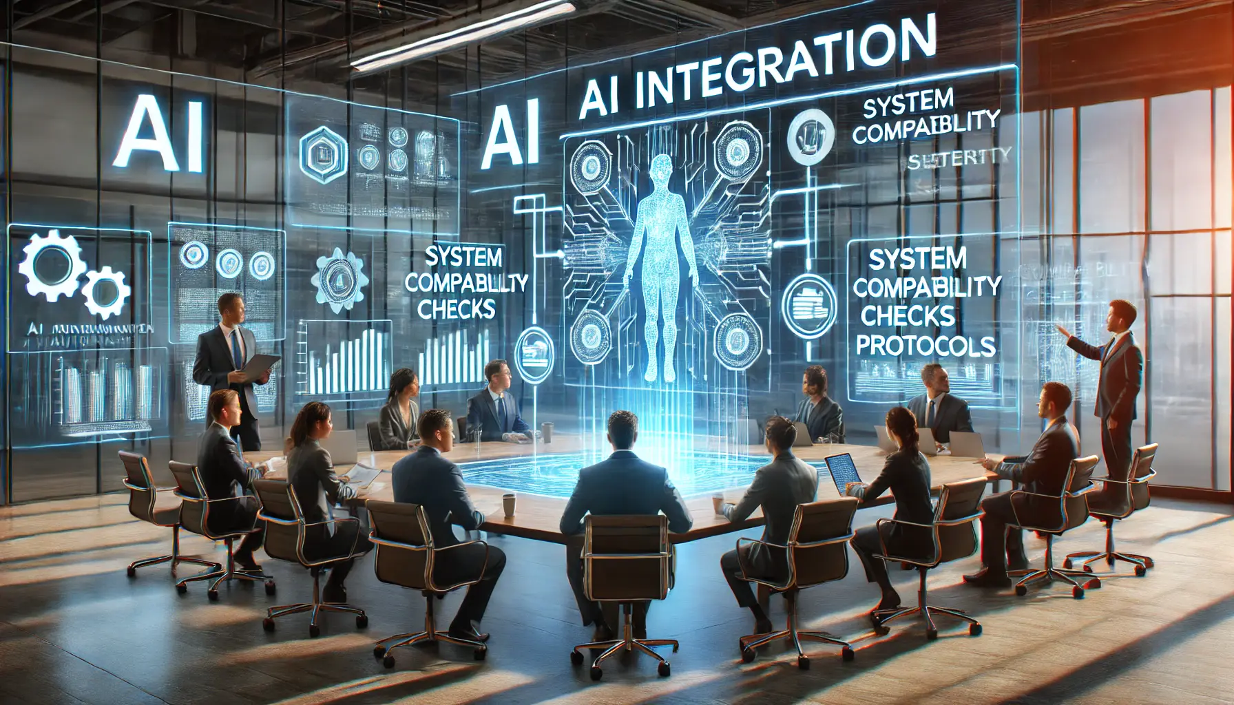 A professional business team gathered around a digital display discussing AI workflow planning, system compatibility checks, and security protocols.