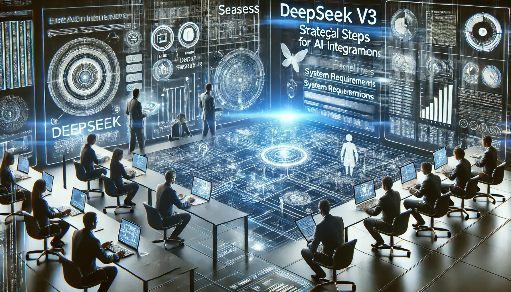 A high-tech planning session where professionals follow strategic steps for DeepSeek v3 integration, reviewing holographic project timelines and system requirements.