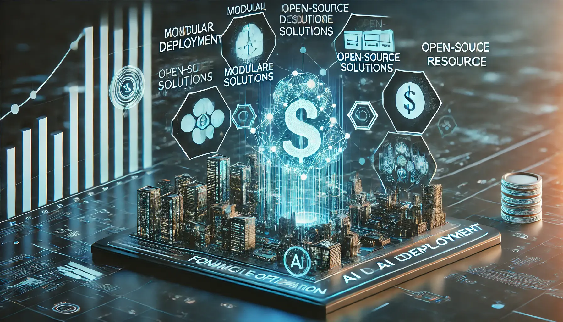 A futuristic digital dashboard showing modular deployment, open-source solutions, and optimized resource allocation for cost-effective AI deployment.